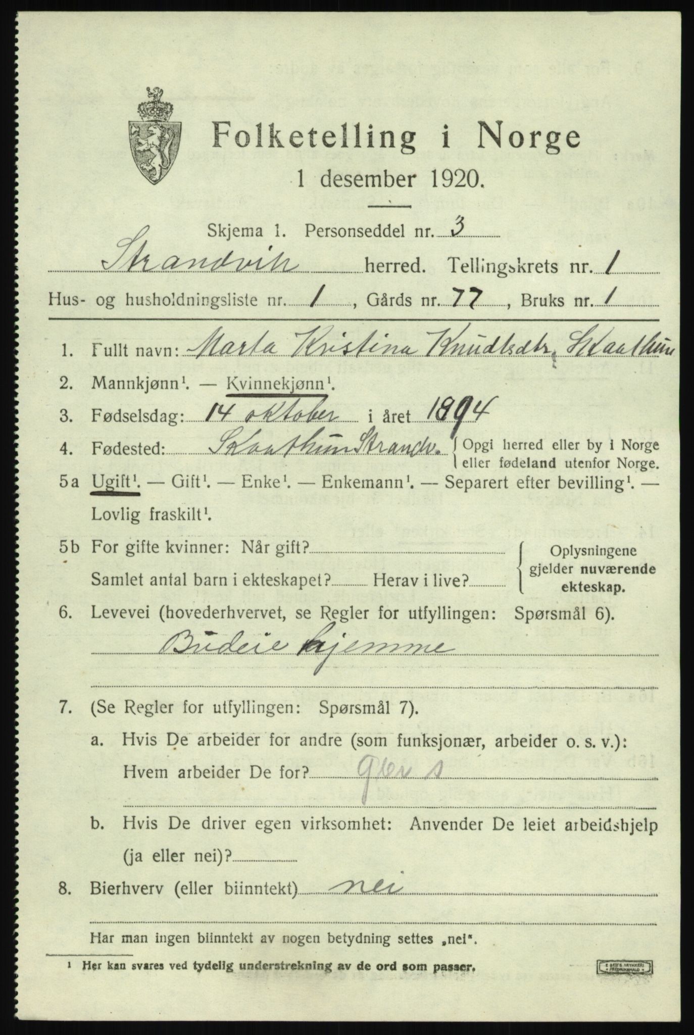 SAB, 1920 census for Strandvik, 1920, p. 752