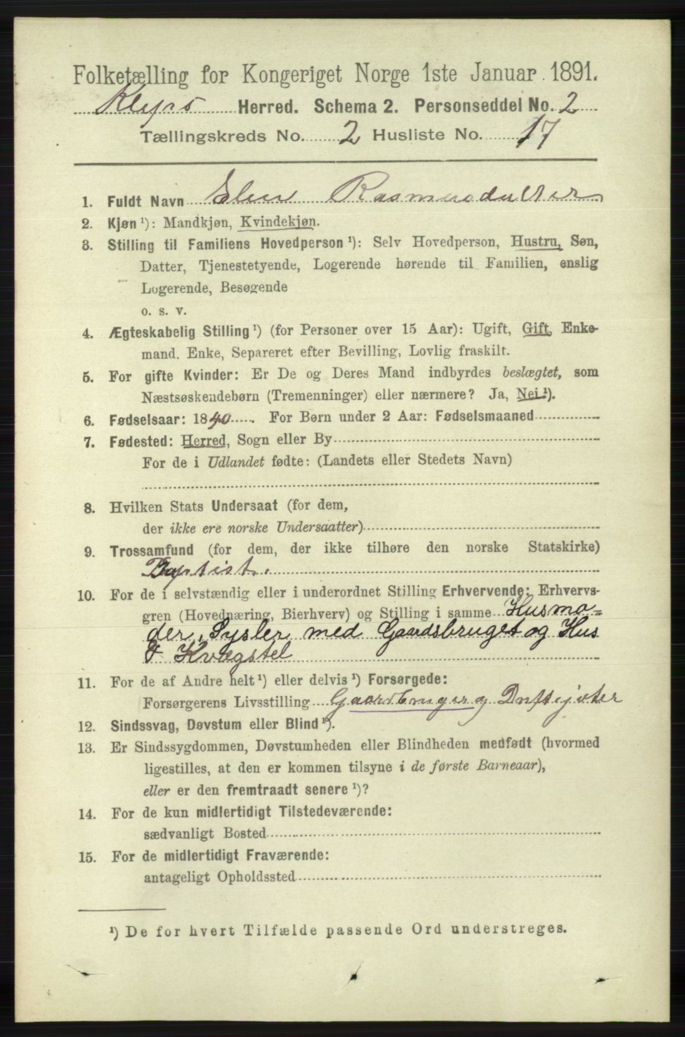 RA, 1891 census for 1120 Klepp, 1891, p. 430