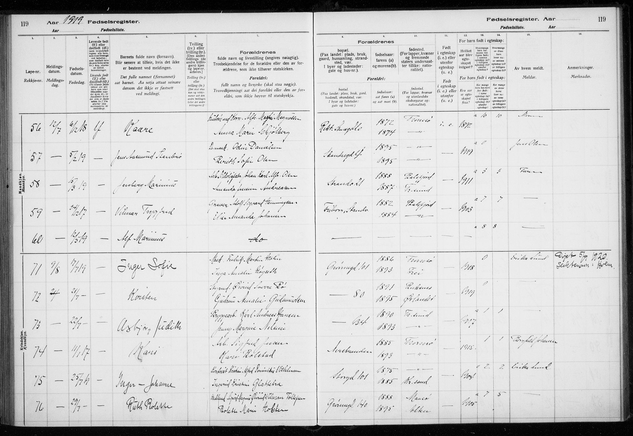 Tromsø sokneprestkontor/stiftsprosti/domprosti, SATØ/S-1343/H/Ha/L0131: Birth register no. 131, 1916-1921, p. 119