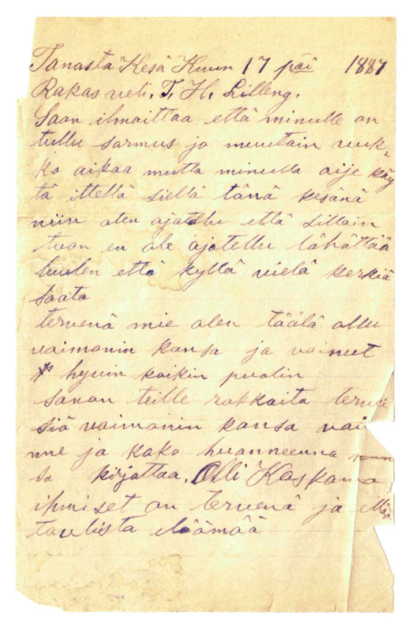 Elise Balos brevsamling, FMFB/A-1082/F/Fa/L0005: Brev fra O.Koskamo til Th. Lilleng , 1887
