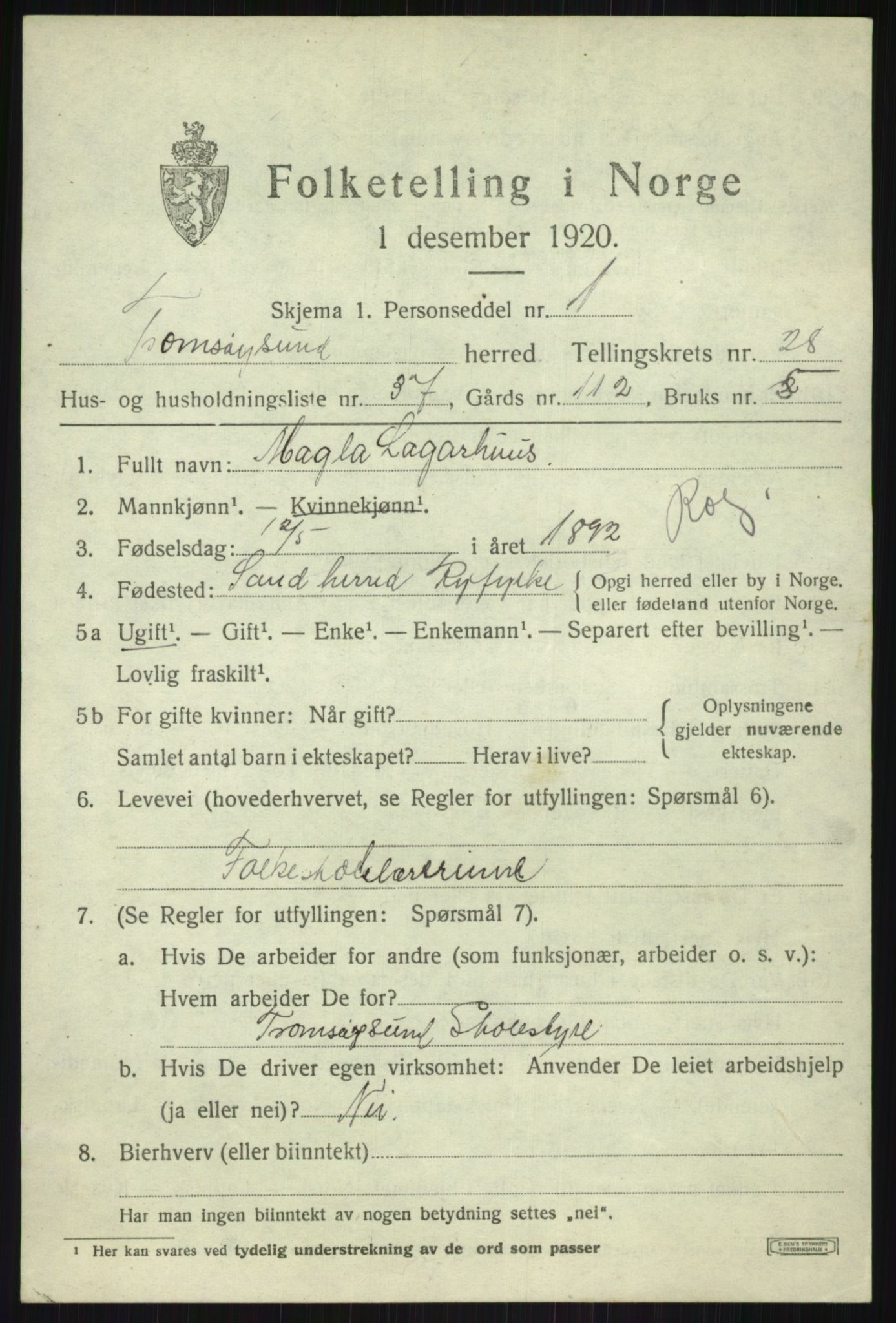 SATØ, 1920 census for Tromsøysund, 1920, p. 13228