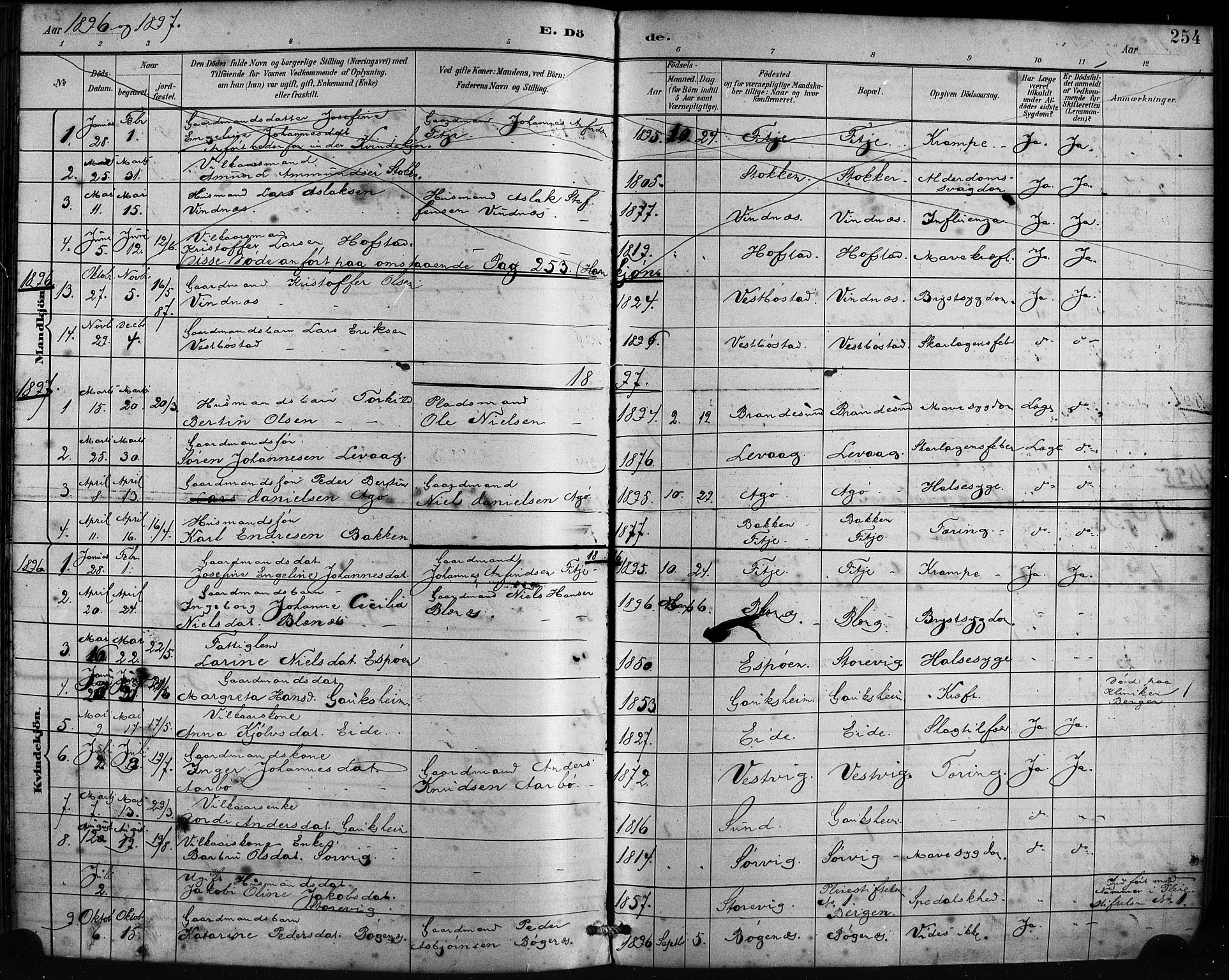 Fitjar sokneprestembete, AV/SAB-A-99926: Parish register (official) no. A 2, 1882-1899, p. 254