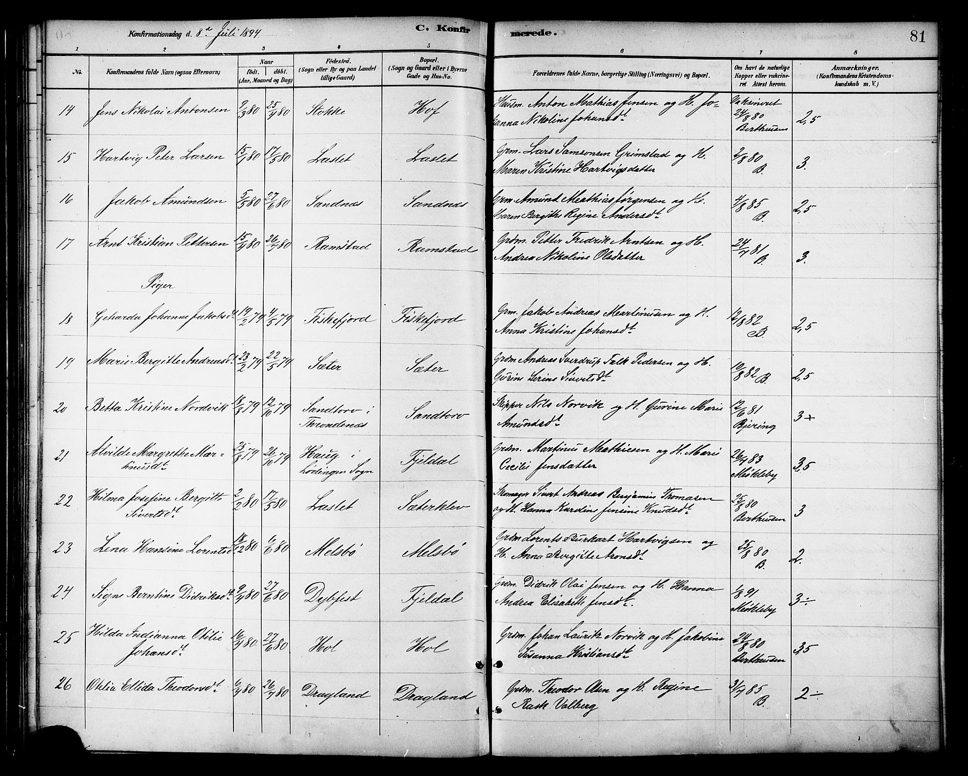 Ministerialprotokoller, klokkerbøker og fødselsregistre - Nordland, AV/SAT-A-1459/865/L0924: Parish register (official) no. 865A02, 1885-1896, p. 81