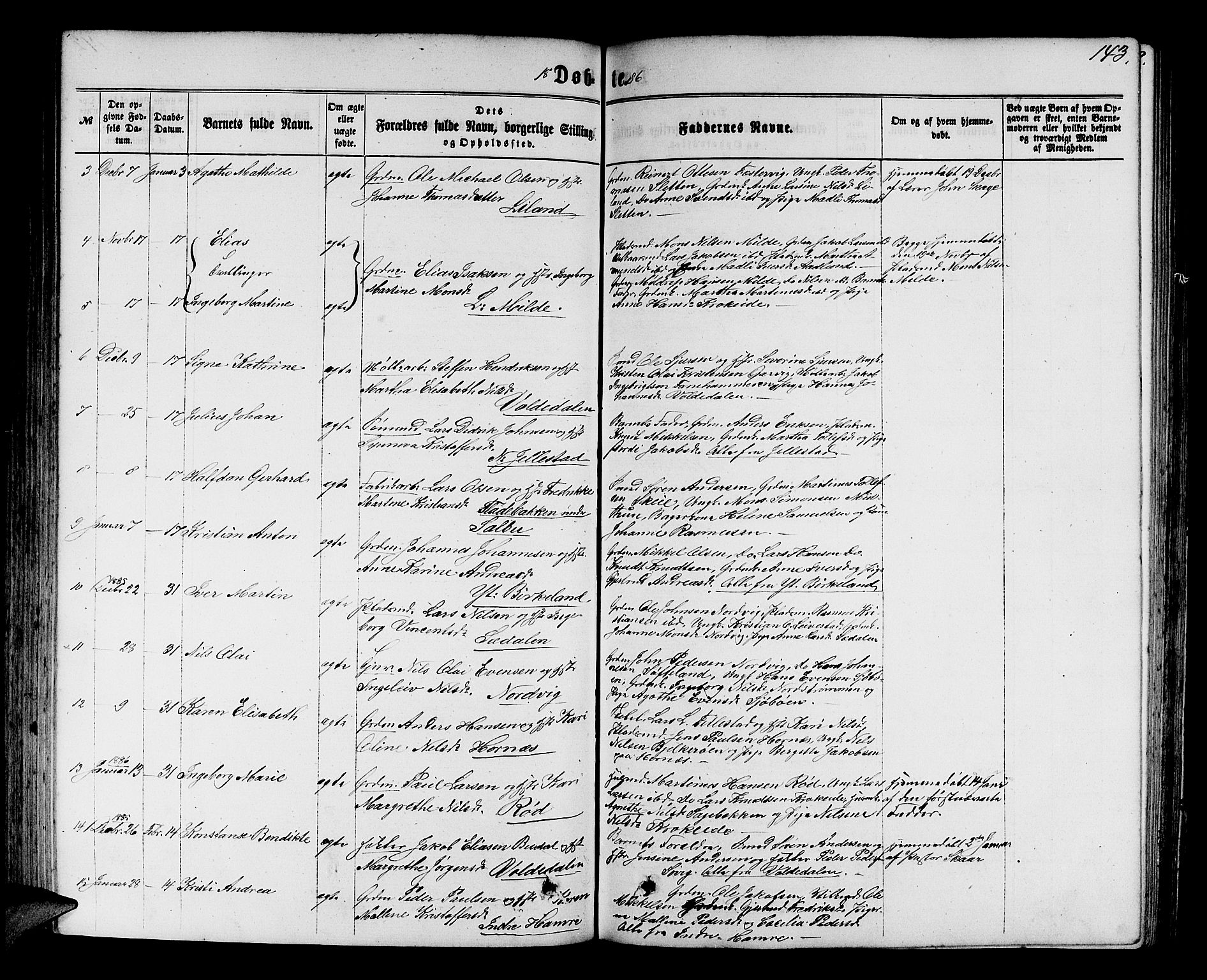 Fana Sokneprestembete, SAB/A-75101/H/Hab/Habb/L0003: Parish register (copy) no. B 3, 1861-1888, p. 143