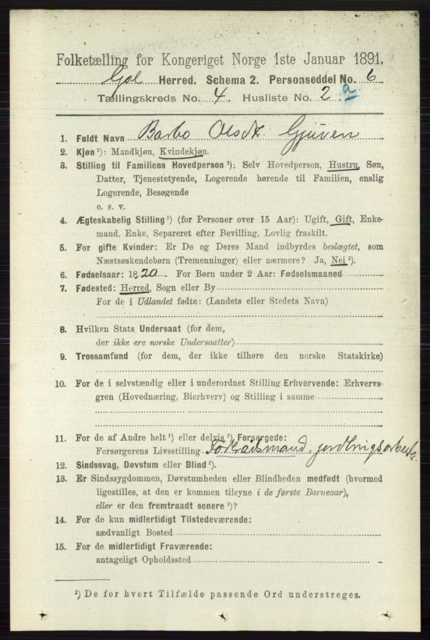 RA, 1891 census for 0617 Gol og Hemsedal, 1891, p. 1828