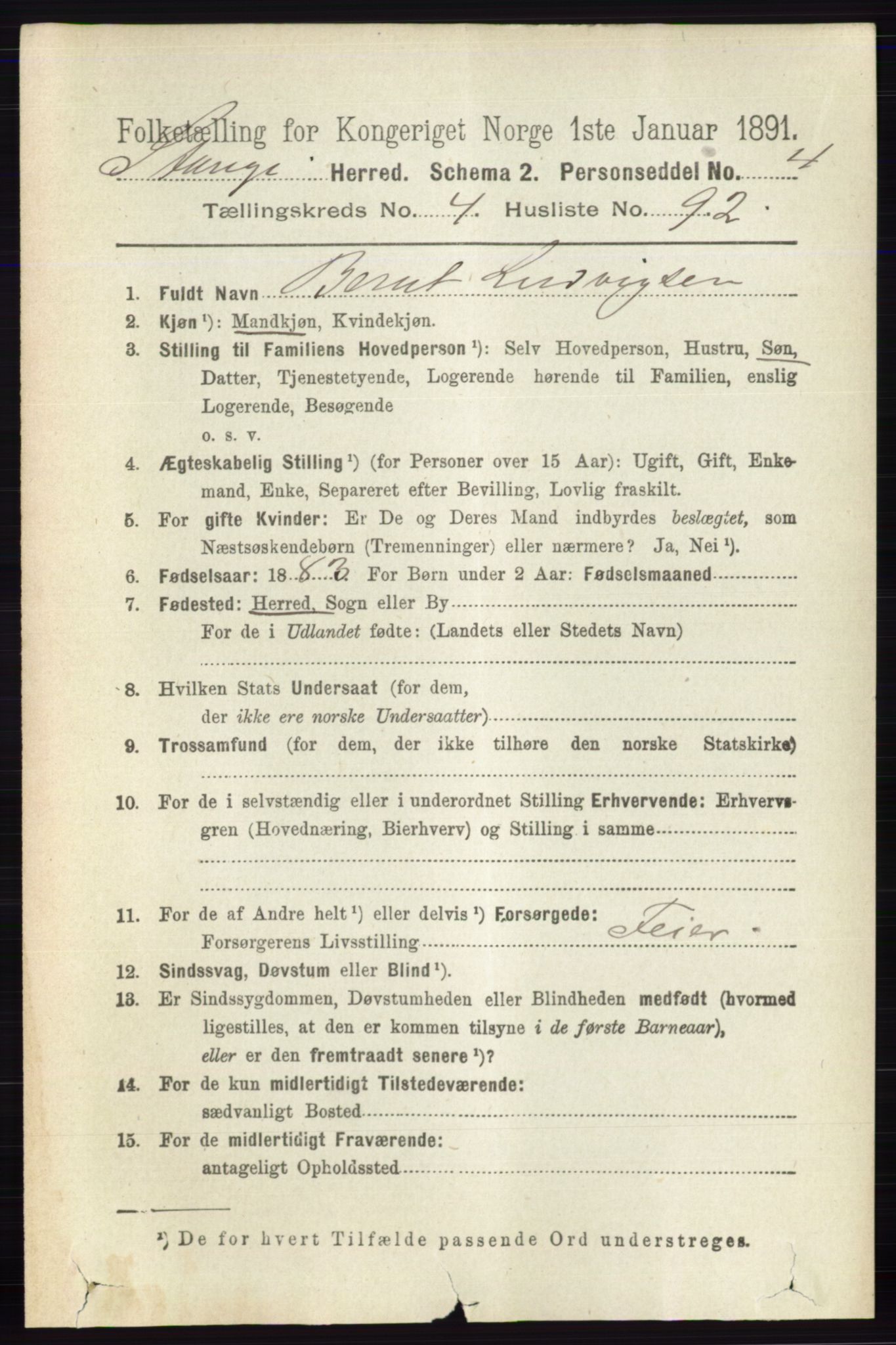 RA, 1891 census for 0417 Stange, 1891, p. 2987