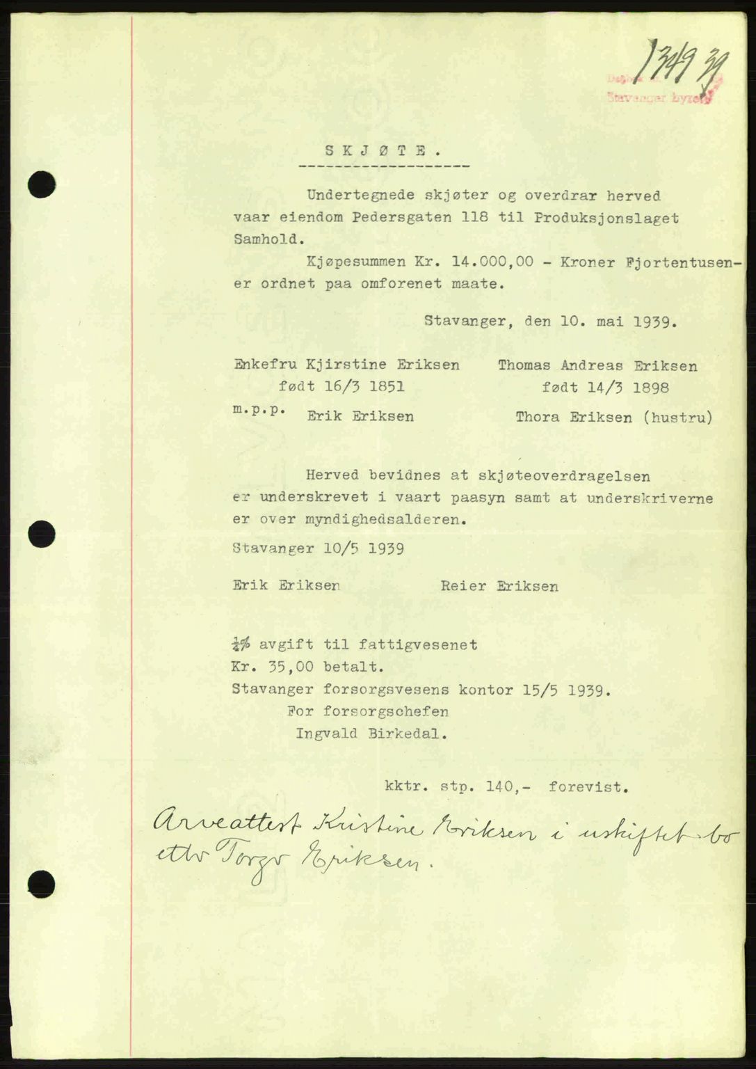 Stavanger byrett, SAST/A-100455/002/G/Gb/L0014: Mortgage book no. A4, 1938-1939, Diary no: : 1349/1939