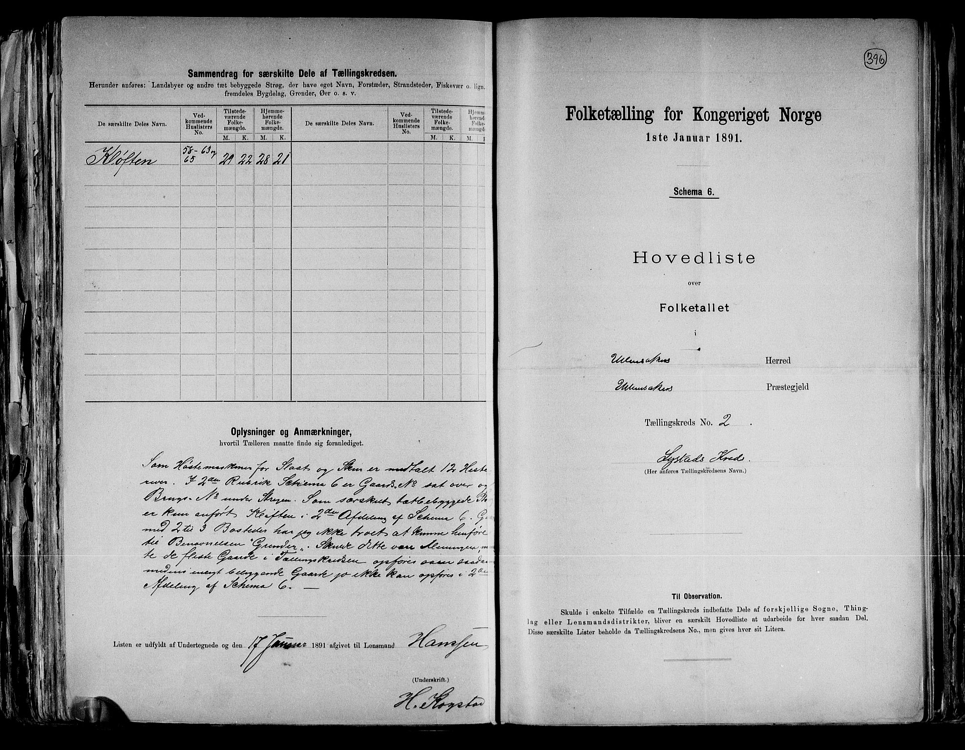 RA, 1891 census for 0235 Ullensaker, 1891, p. 6