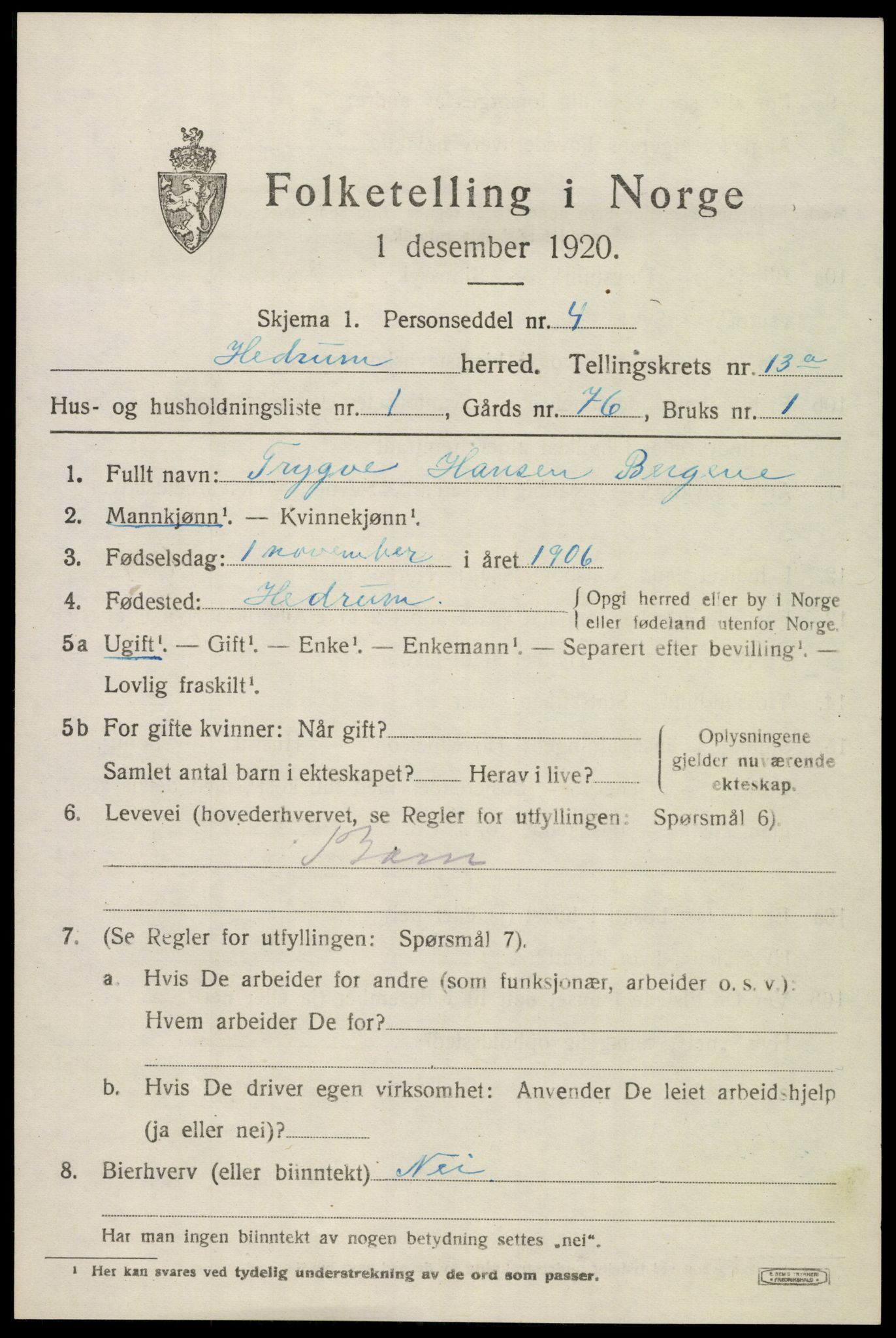 SAKO, 1920 census for Hedrum, 1920, p. 8595