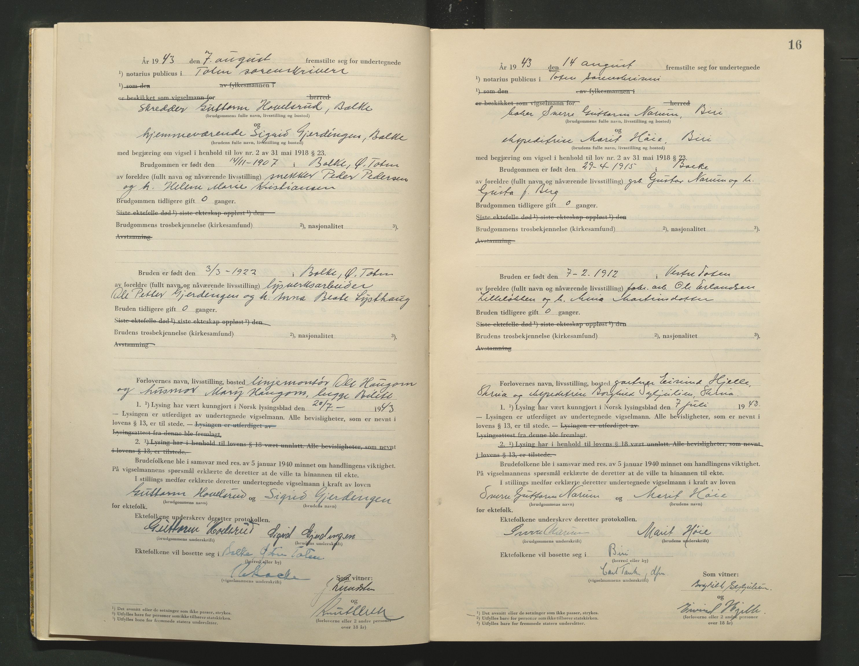 Toten tingrett, AV/SAH-TING-006/L/Lc/L0003: Vigselbok, 1943-1944, p. 16