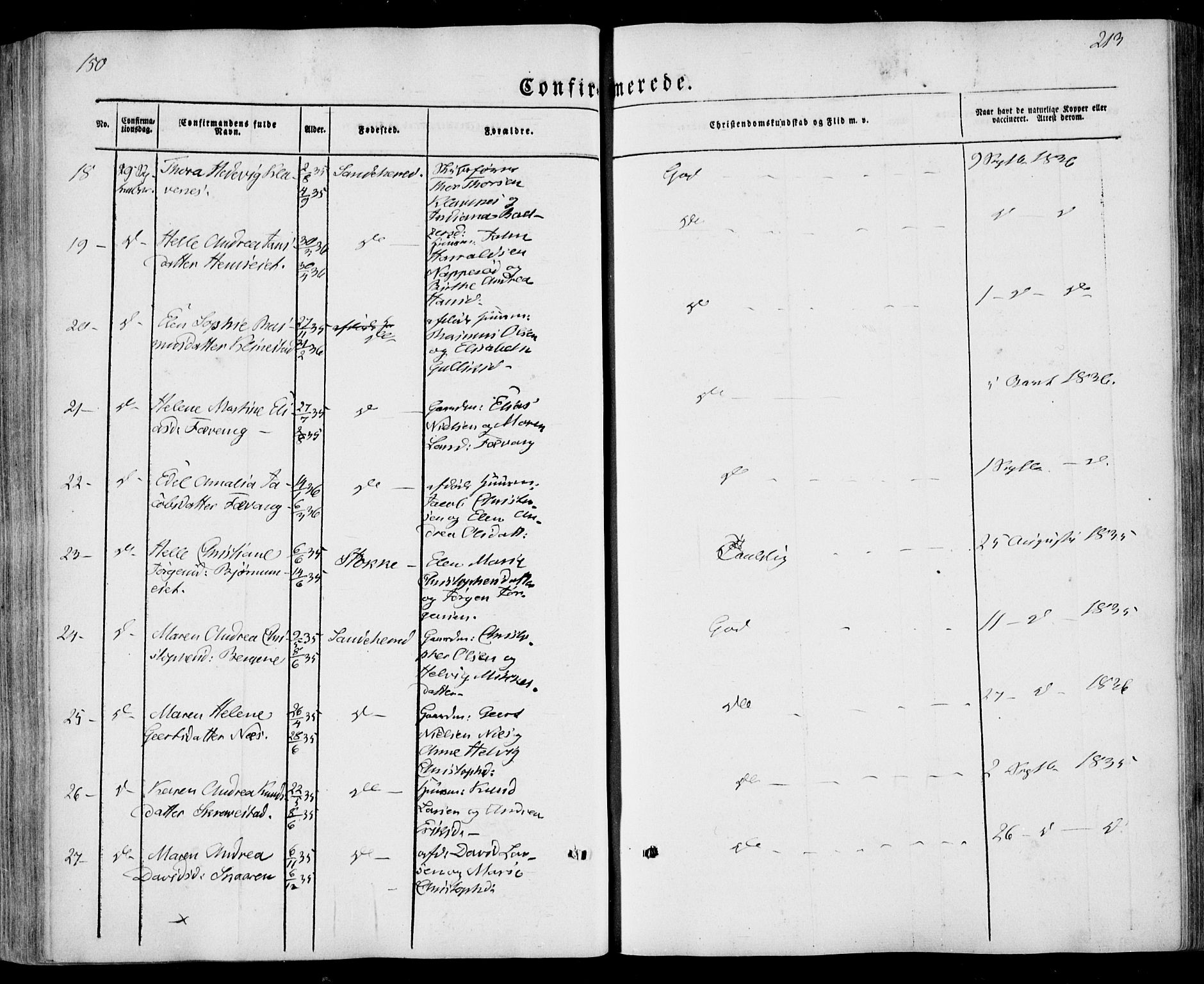 Sandar kirkebøker, AV/SAKO-A-243/F/Fa/L0006: Parish register (official) no. 6, 1847-1860, p. 213