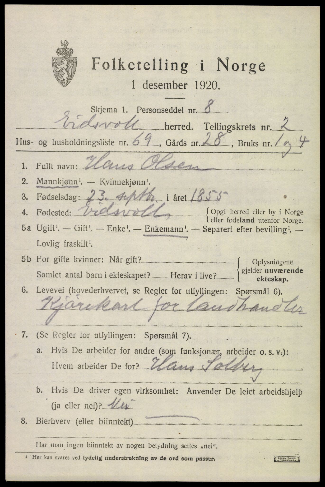 SAO, 1920 census for Eidsvoll, 1920, p. 7389