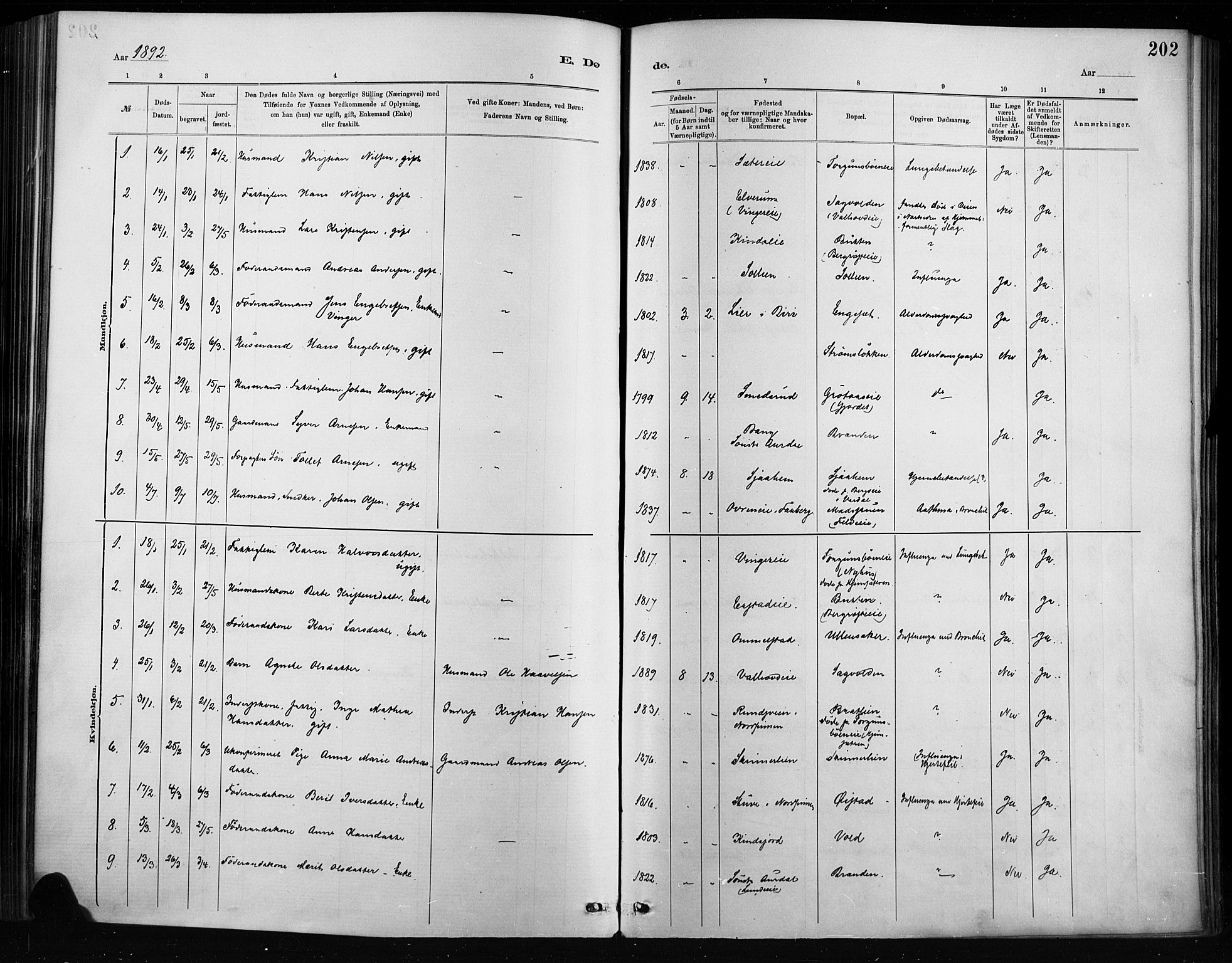 Nordre Land prestekontor, SAH/PREST-124/H/Ha/Haa/L0004: Parish register (official) no. 4, 1882-1896, p. 202