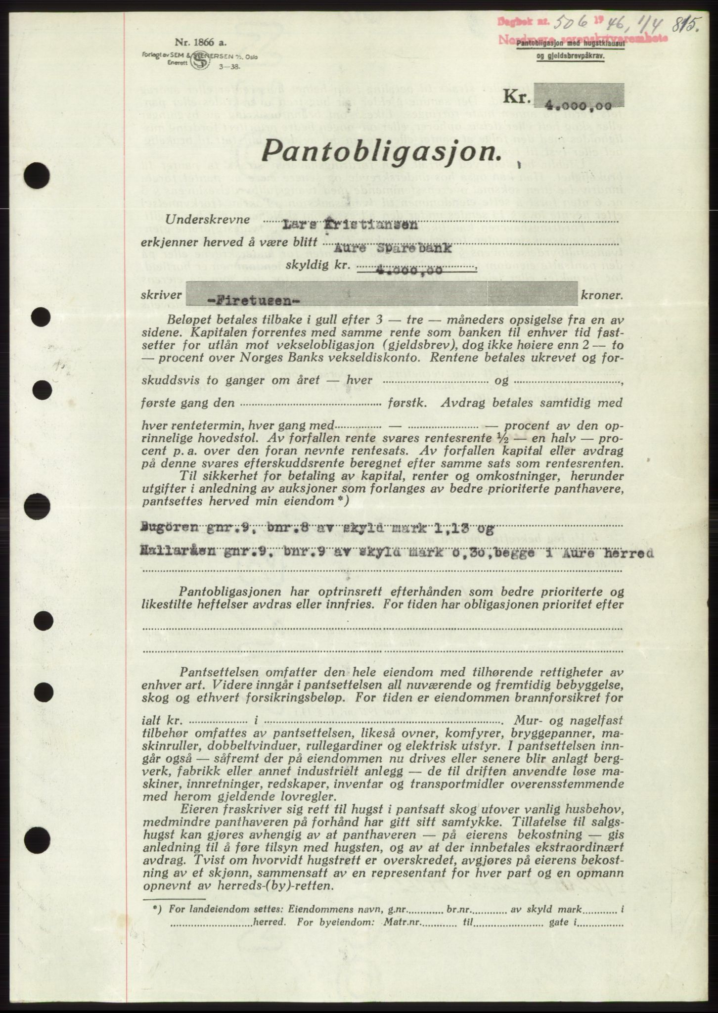 Nordmøre sorenskriveri, AV/SAT-A-4132/1/2/2Ca: Mortgage book no. B93b, 1946-1946, Diary no: : 506/1946