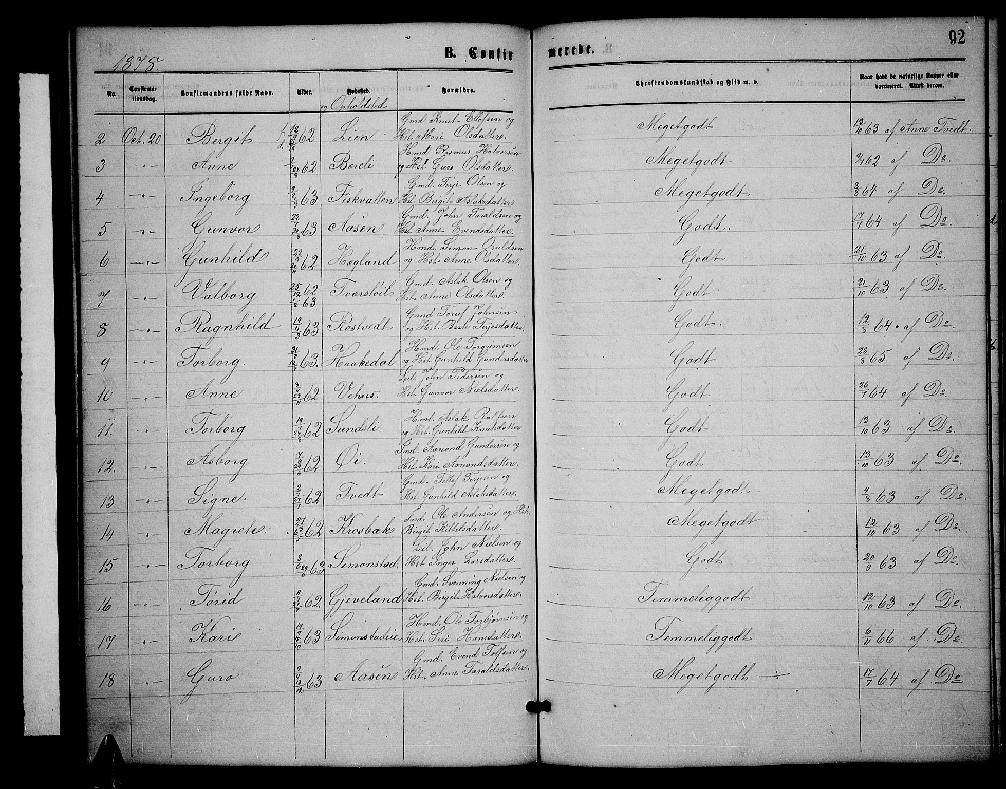Åmli sokneprestkontor, SAK/1111-0050/F/Fb/Fbc/L0003: Parish register (copy) no. B 3, 1868-1888, p. 92