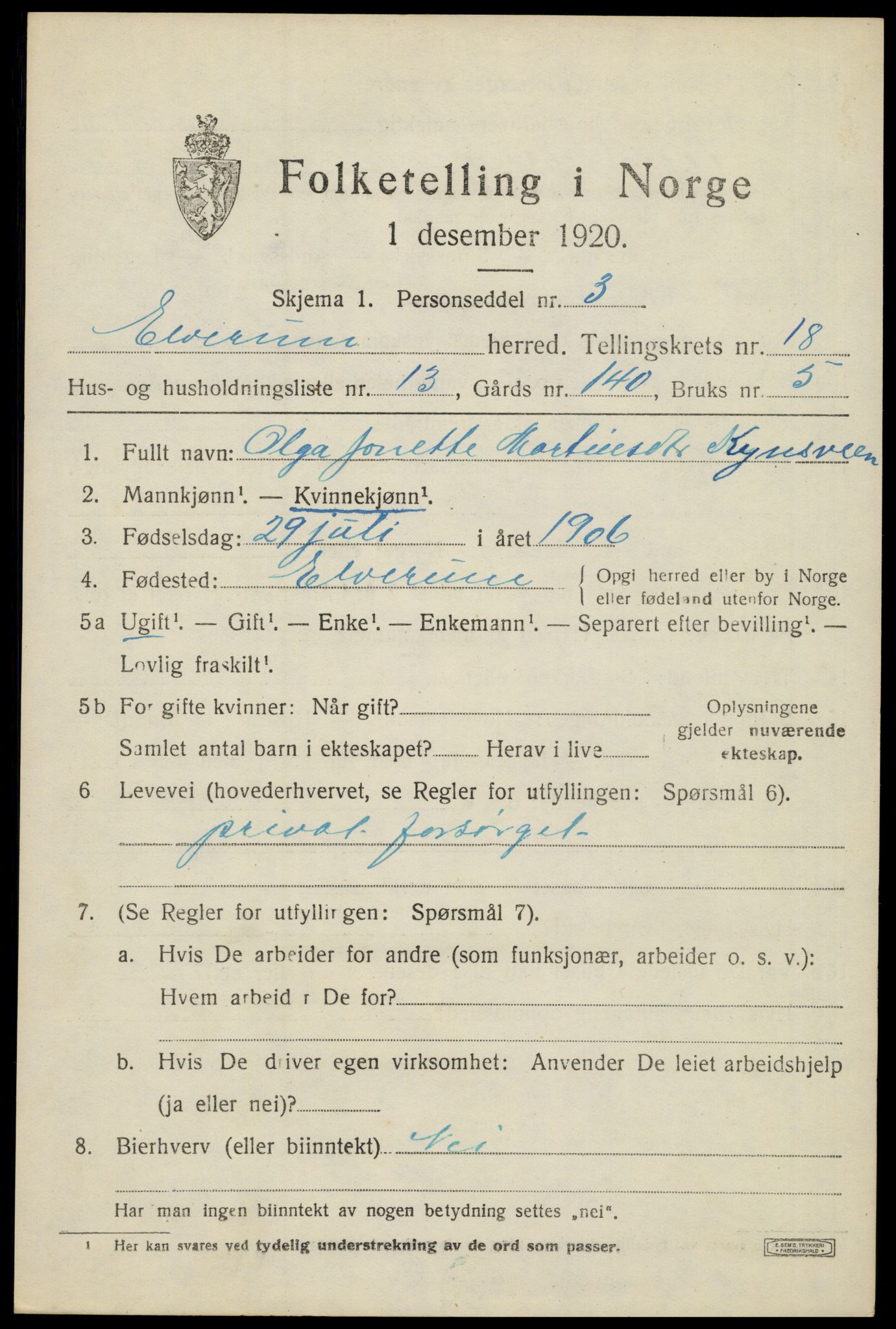 SAH, 1920 census for Elverum, 1920, p. 22216