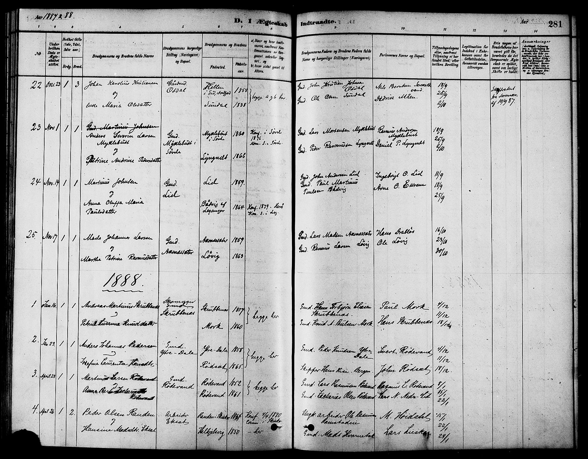 Ministerialprotokoller, klokkerbøker og fødselsregistre - Møre og Romsdal, AV/SAT-A-1454/511/L0141: Parish register (official) no. 511A08, 1878-1890, p. 281