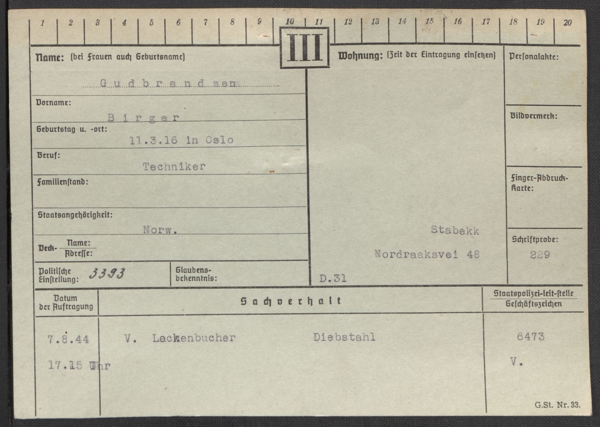 Befehlshaber der Sicherheitspolizei und des SD, RA/RAFA-5969/E/Ea/Eaa/L0003: Register over norske fanger i Møllergata 19: Eng-Hag, 1940-1945, p. 1097
