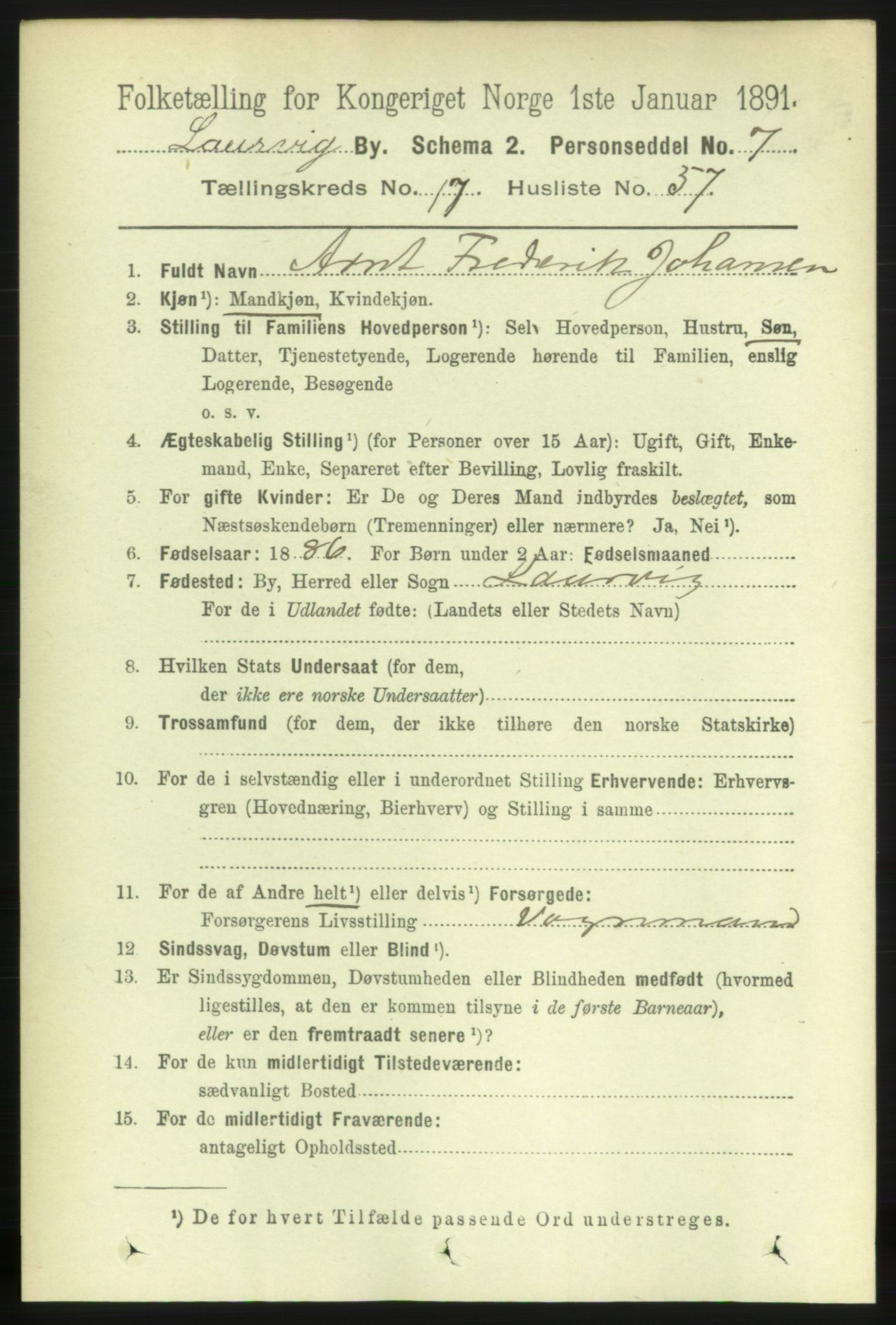 RA, 1891 census for 0707 Larvik, 1891, p. 12822
