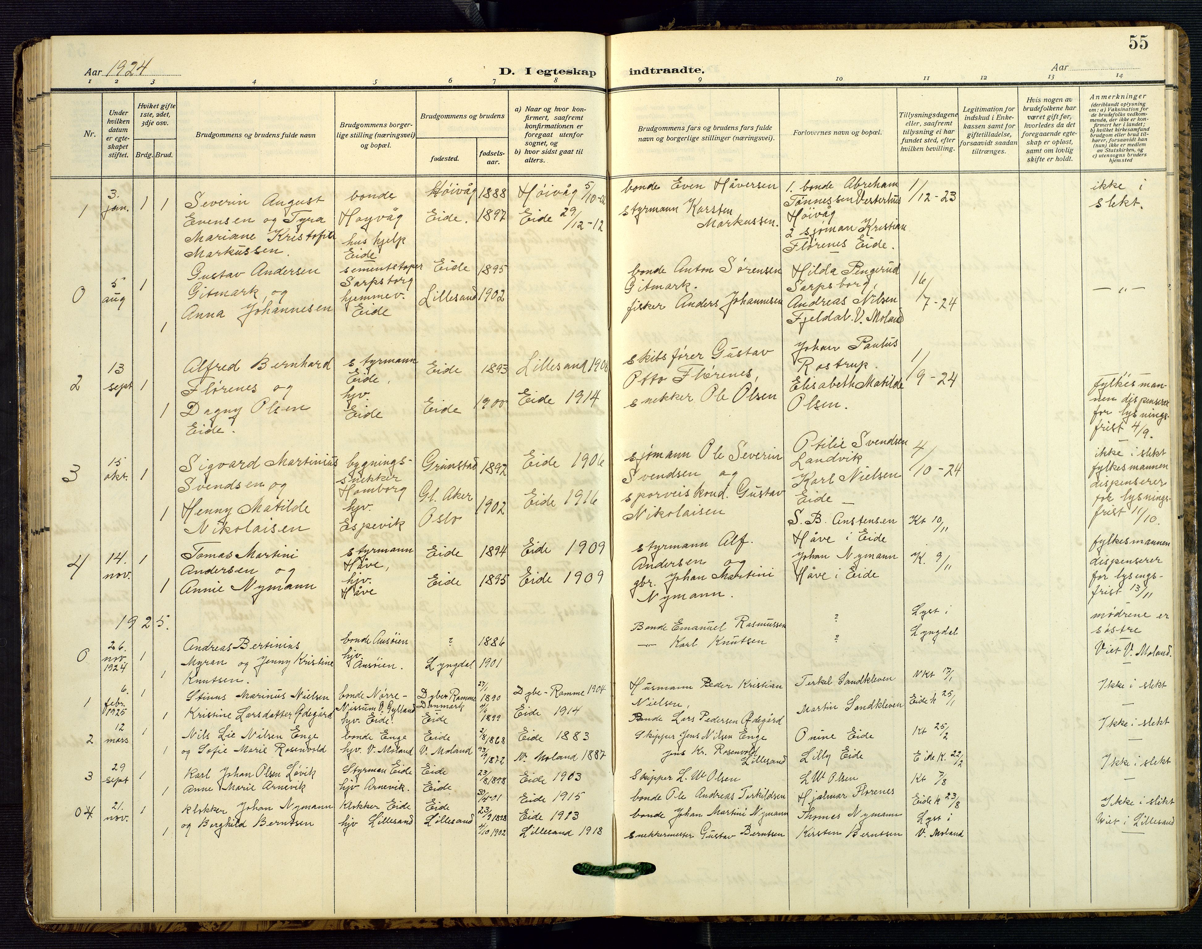 Hommedal sokneprestkontor, SAK/1111-0023/F/Fb/Fba/L0005: Parish register (copy) no. B 5, 1909-1957, p. 55