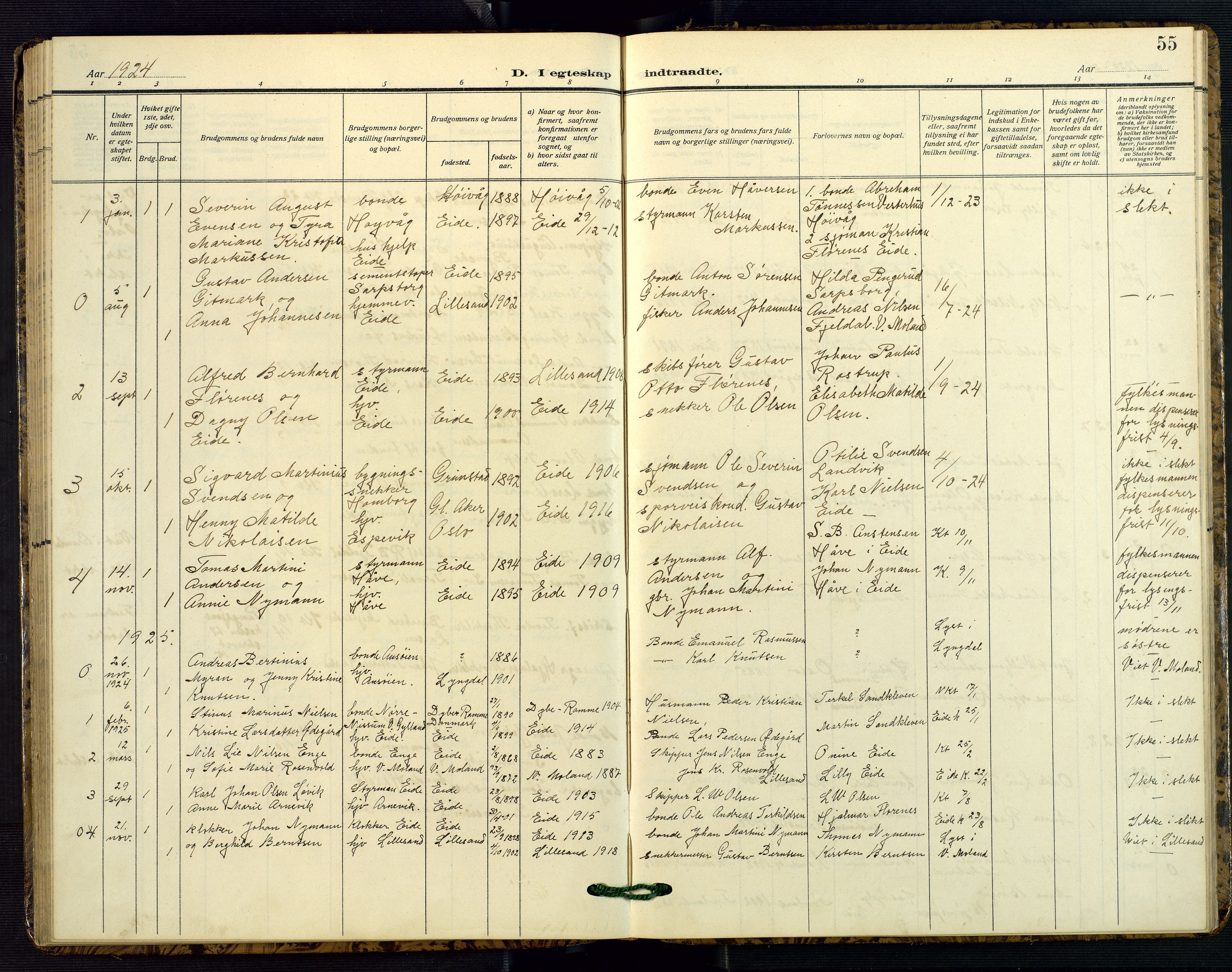 Hommedal sokneprestkontor, AV/SAK-1111-0023/F/Fb/Fba/L0005: Parish register (copy) no. B 5, 1909-1957, p. 55