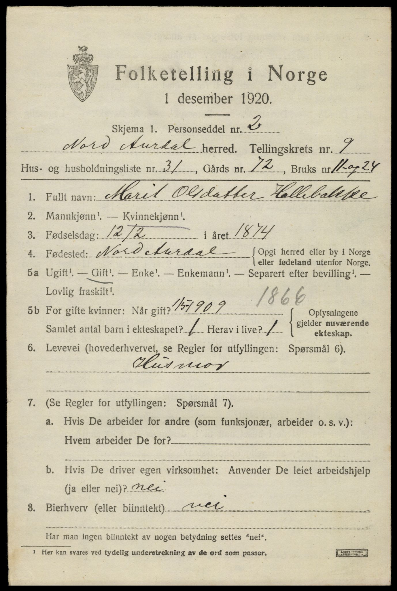 SAH, 1920 census for Nord-Aurdal, 1920, p. 7874