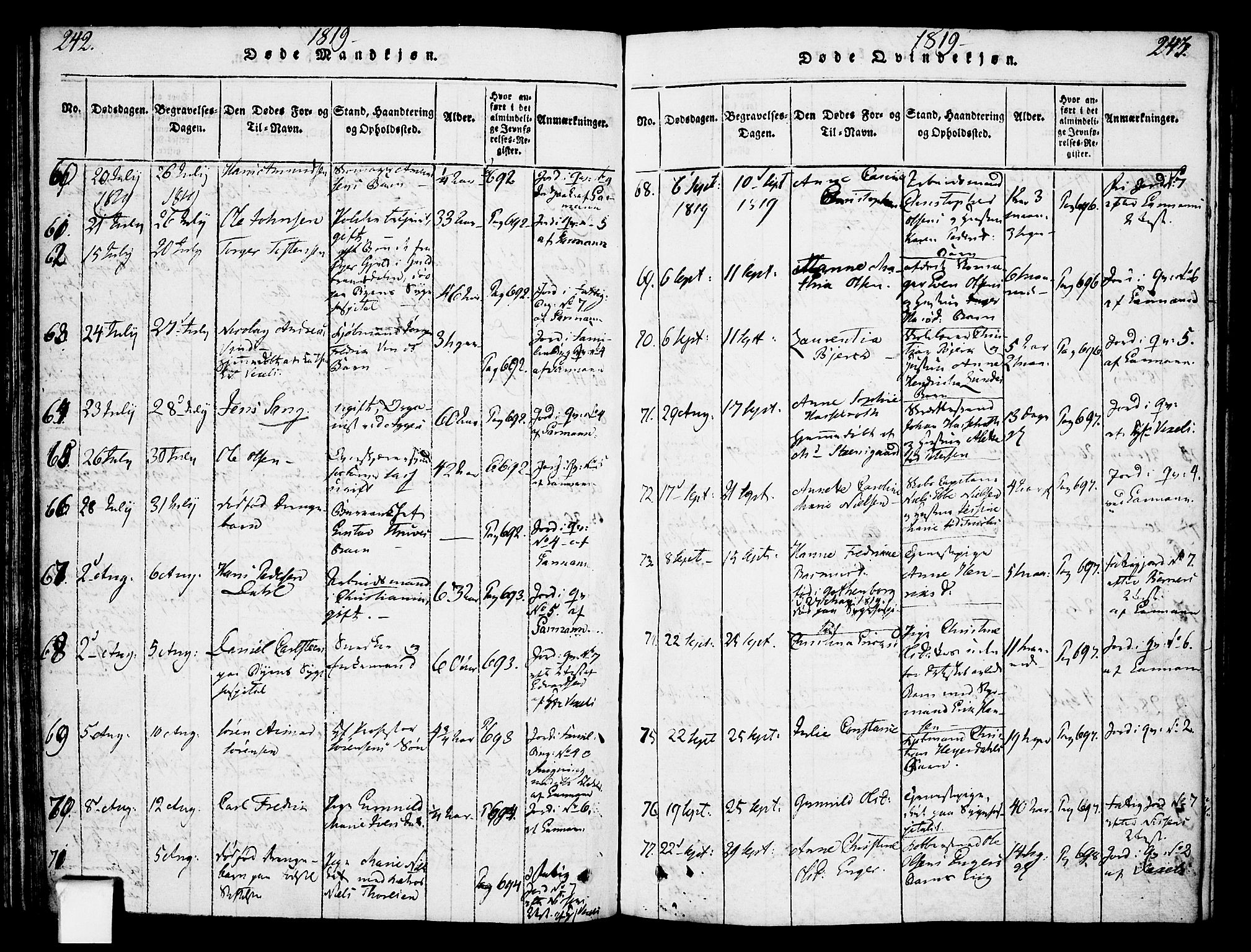 Oslo domkirke Kirkebøker, SAO/A-10752/F/Fa/L0007: Parish register (official) no. 7, 1817-1824, p. 242-243