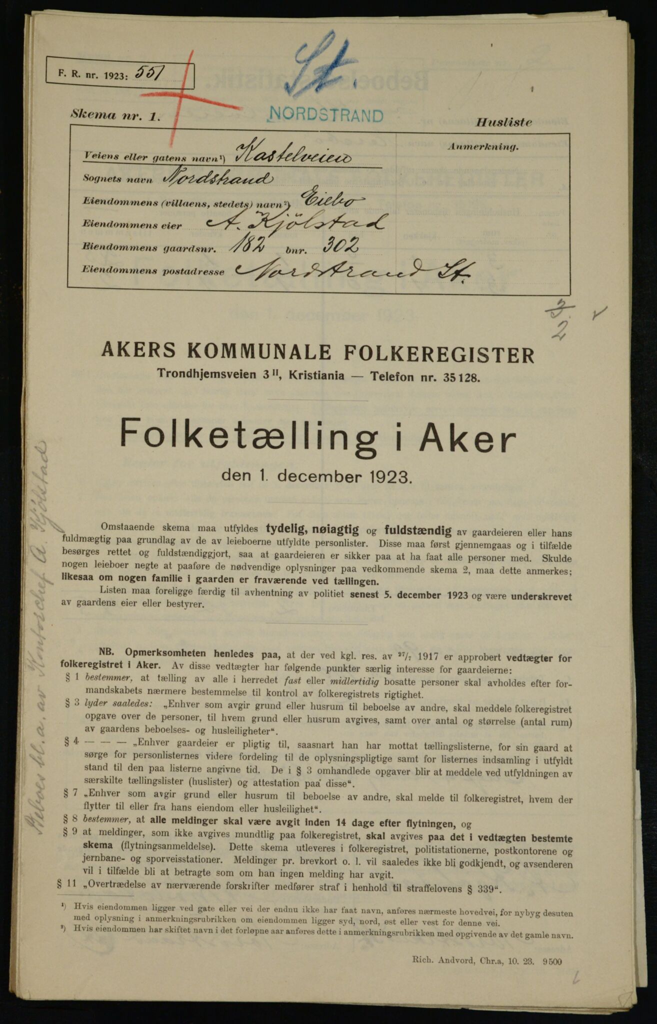 , Municipal Census 1923 for Aker, 1923, p. 39987