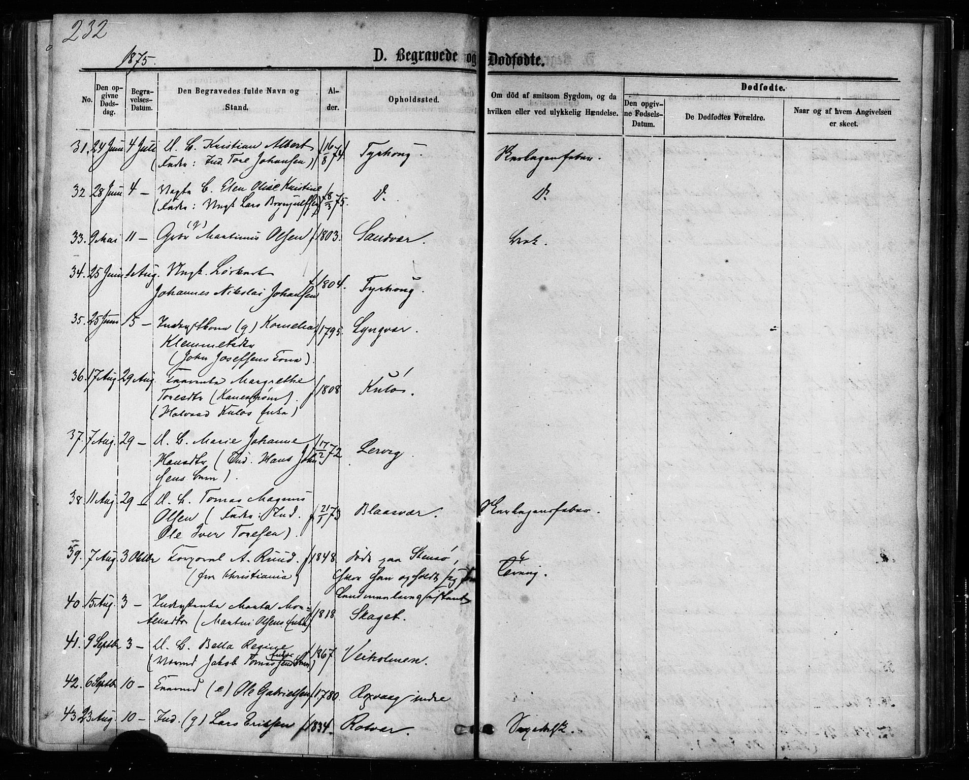 Ministerialprotokoller, klokkerbøker og fødselsregistre - Møre og Romsdal, AV/SAT-A-1454/581/L0938: Parish register (official) no. 581A06, 1873-1879, p. 232