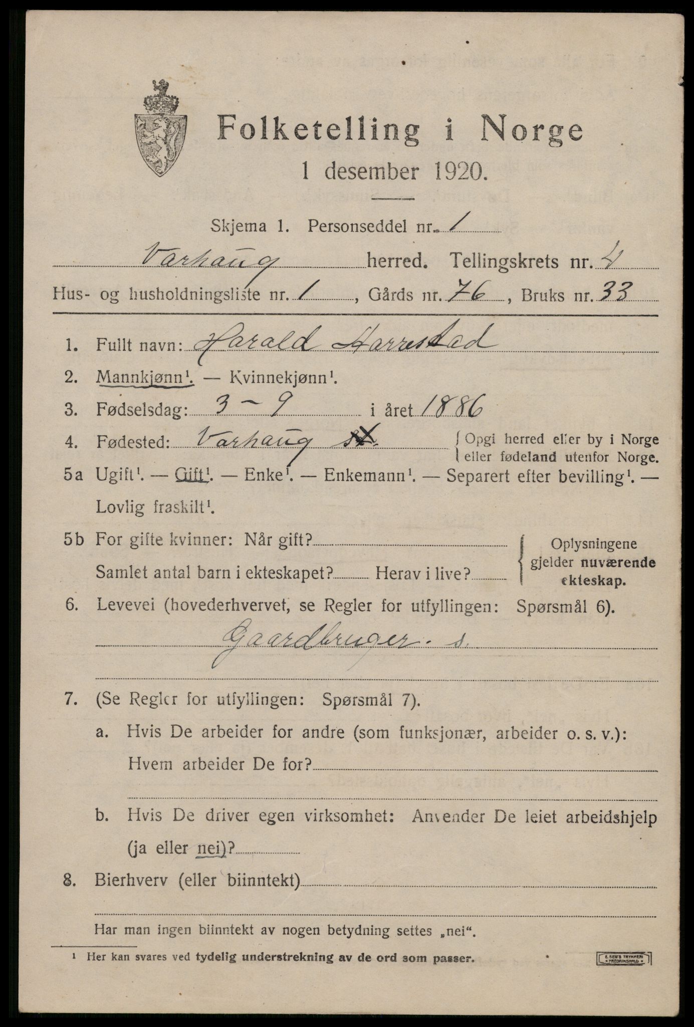 SAST, 1920 census for Varhaug, 1920, p. 3615
