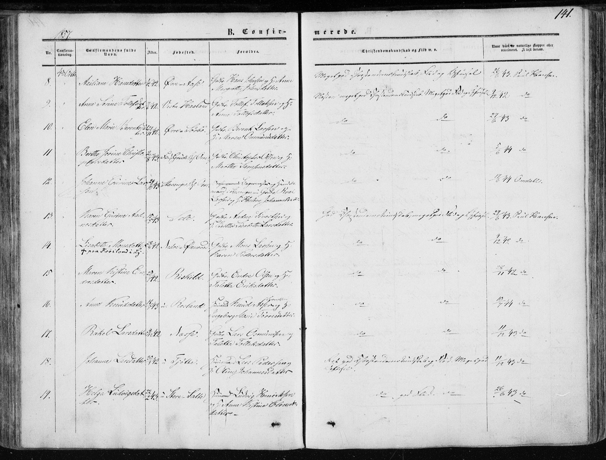 Klepp sokneprestkontor, AV/SAST-A-101803/001/3/30BA/L0005: Parish register (official) no. A 5, 1853-1870, p. 141