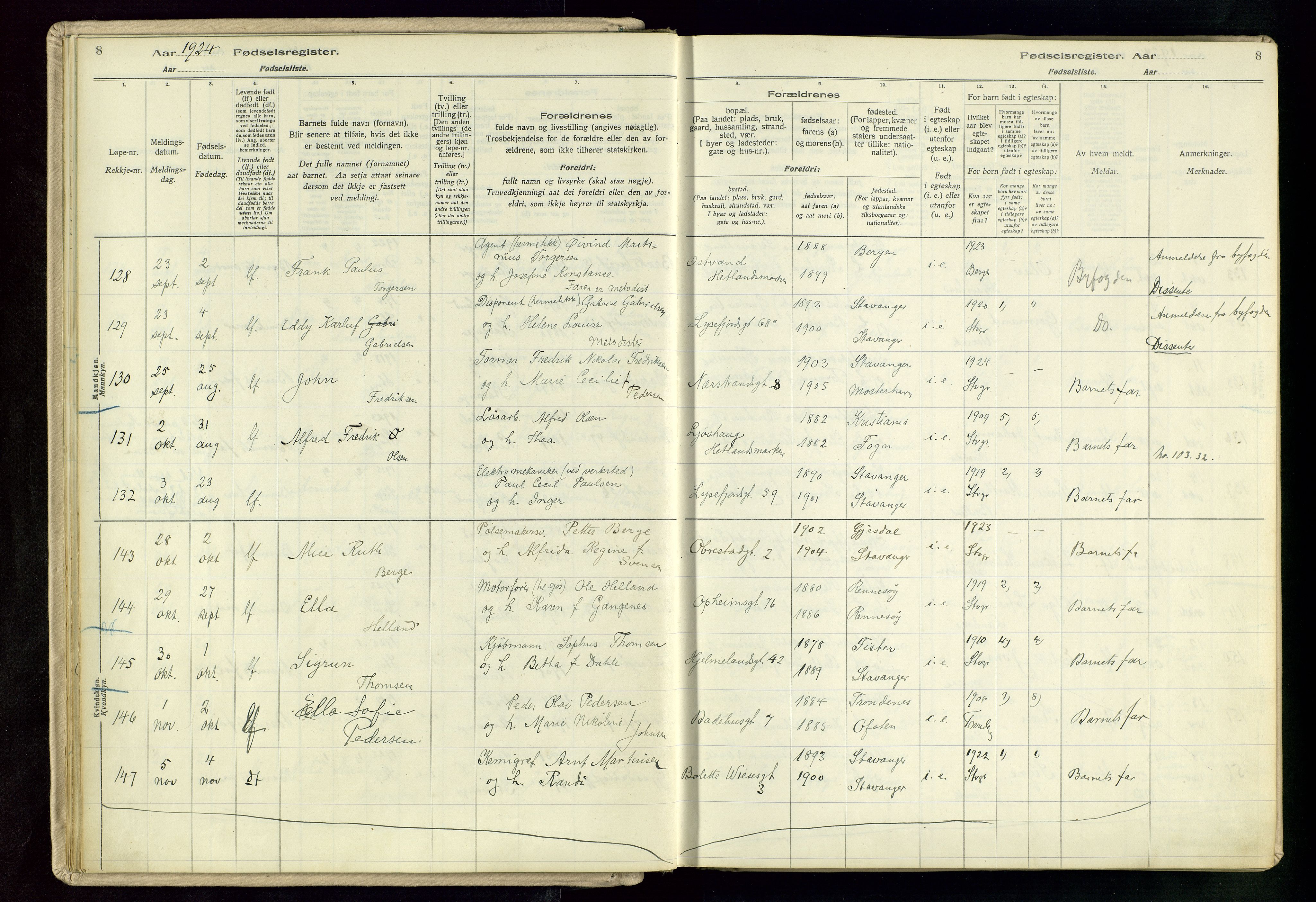 St. Johannes sokneprestkontor, SAST/A-101814/002/A/L0003: Birth register no. 3, 1924-1930, p. 8