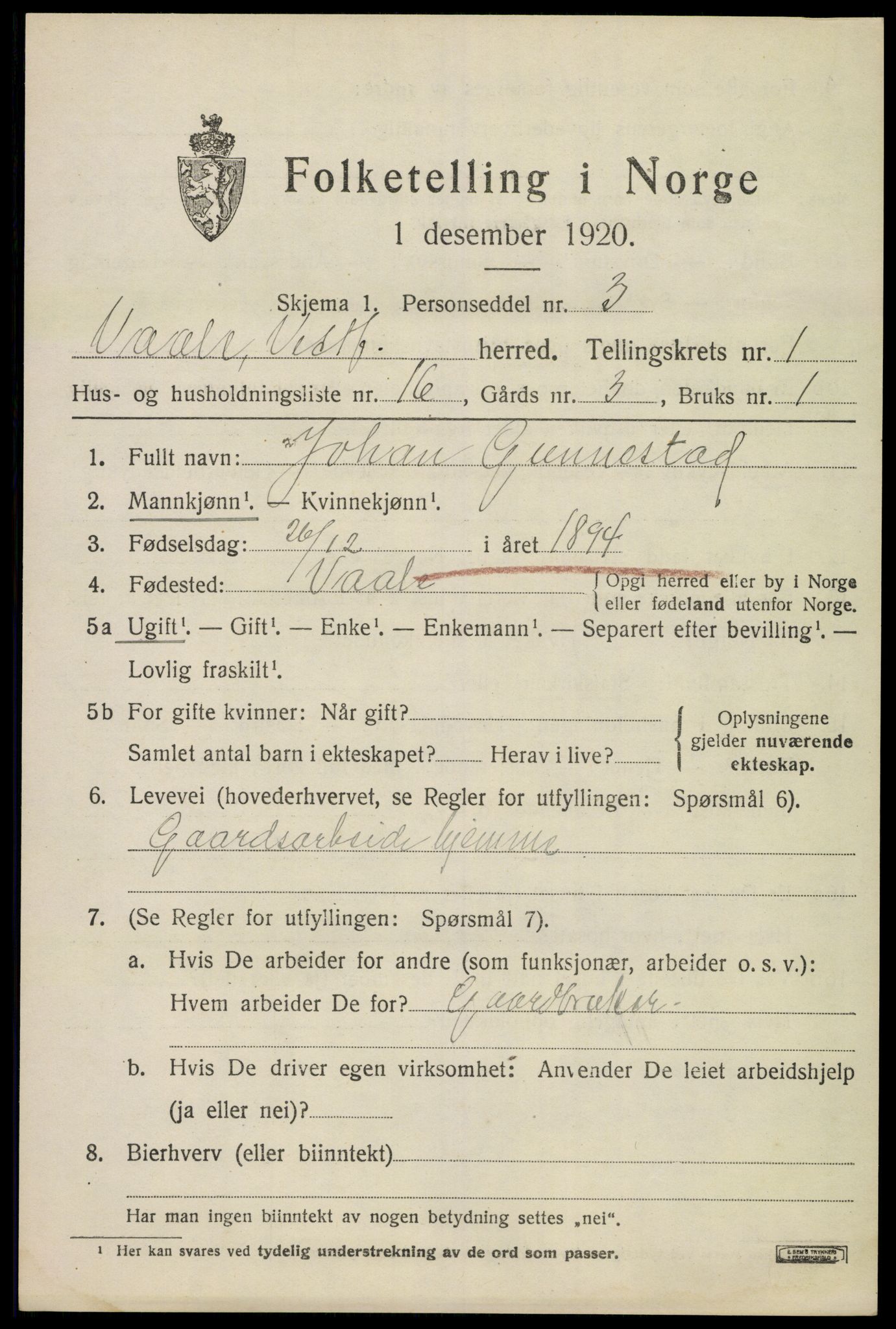 SAKO, 1920 census for Våle, 1920, p. 1238