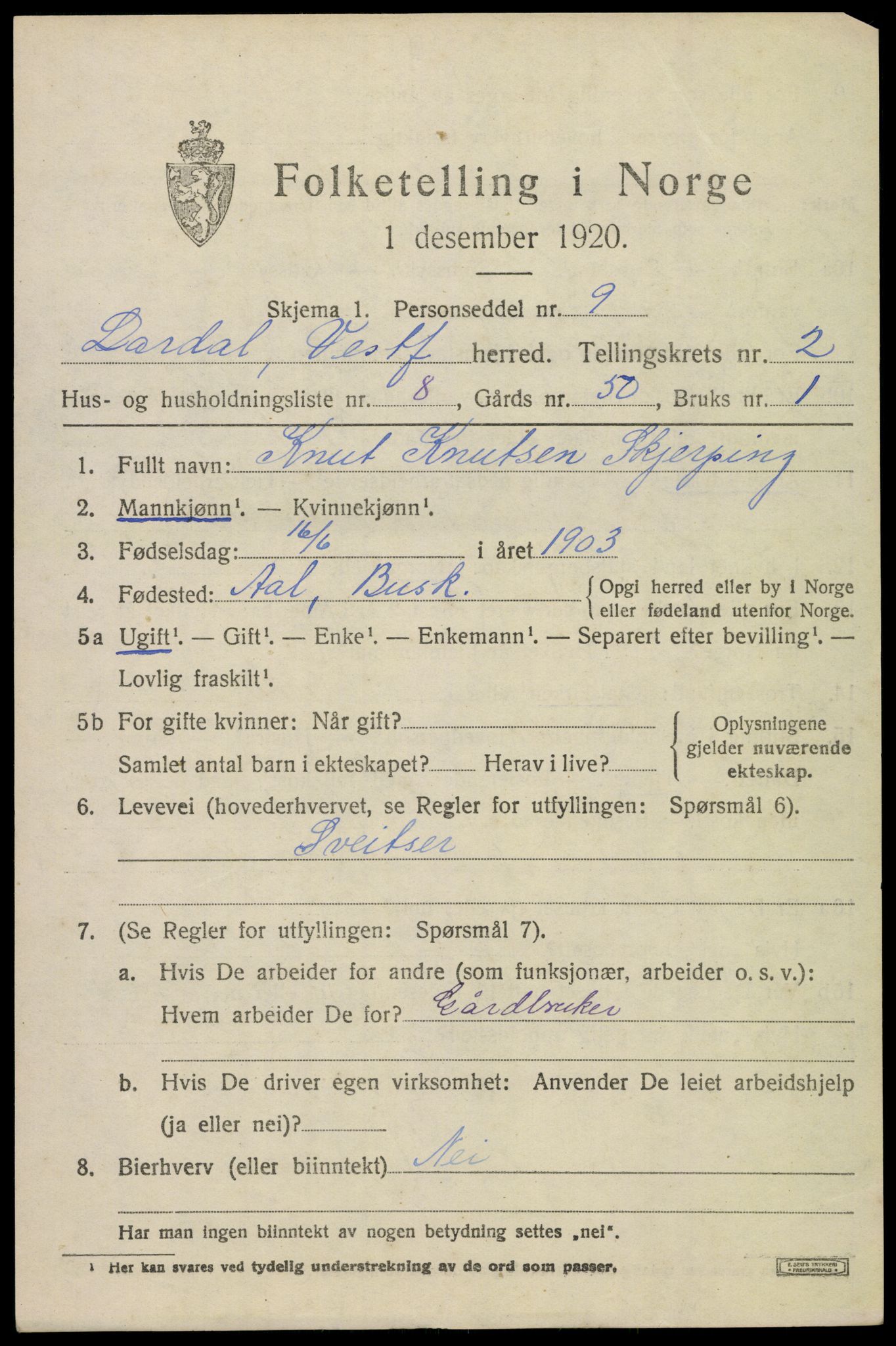 SAKO, 1920 census for Lardal, 1920, p. 2051