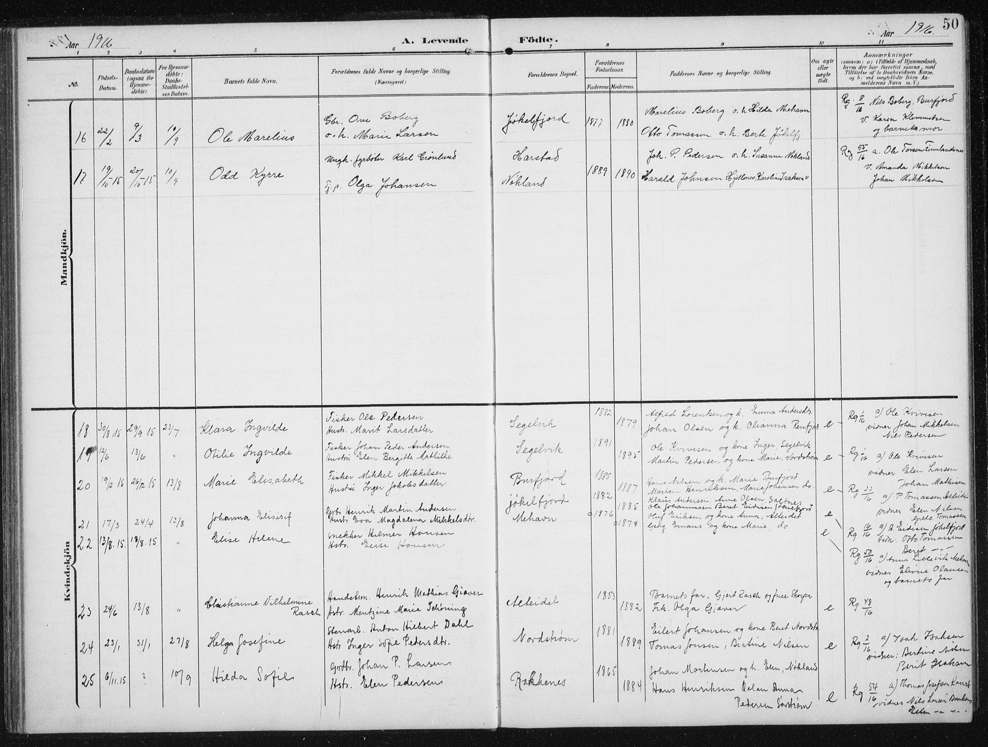 Skjervøy sokneprestkontor, AV/SATØ-S-1300/H/Ha/Hab/L0017klokker: Parish register (copy) no. 17, 1906-1941, p. 50