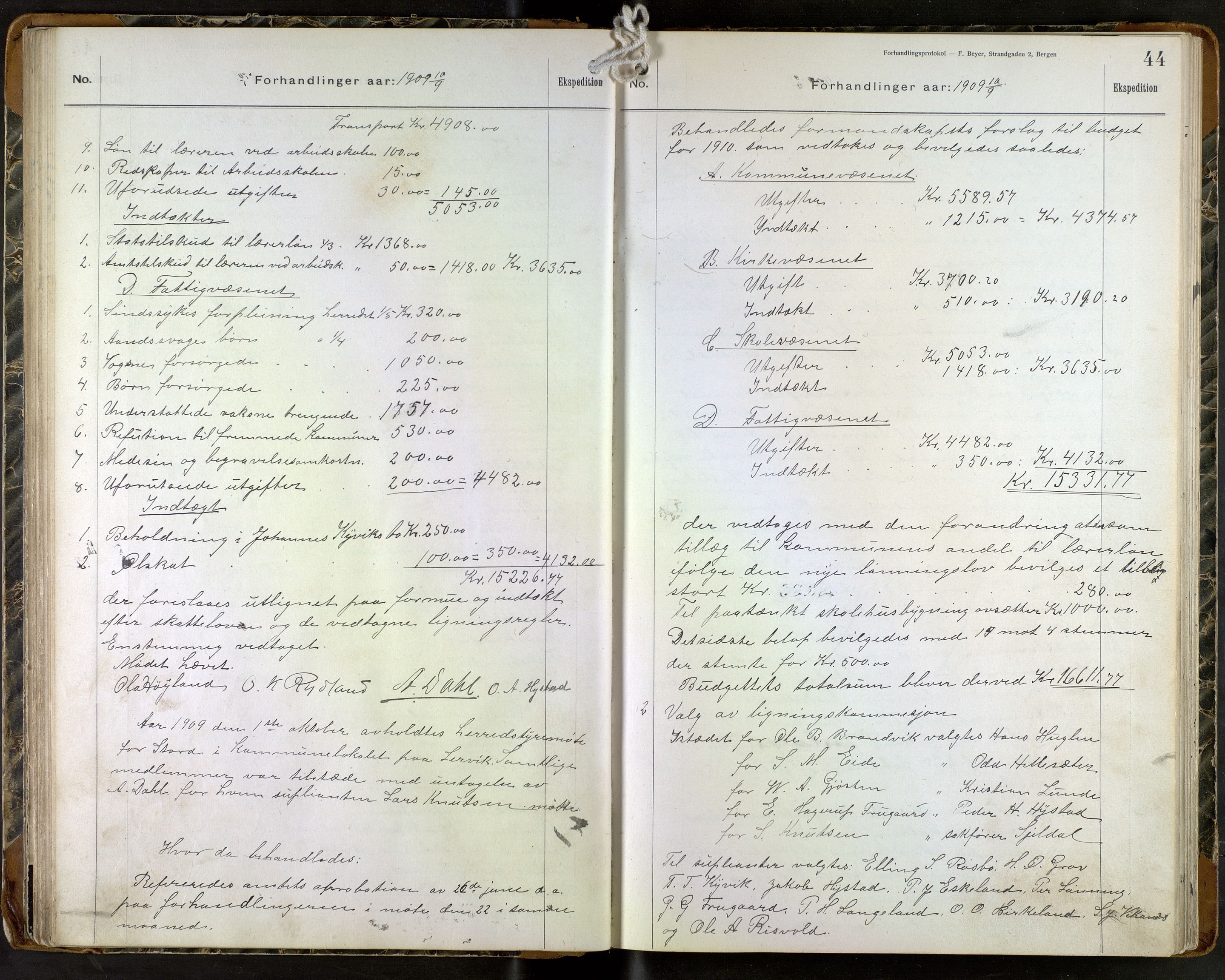 Stord kommune. Formannskapet, IKAH/1221-021/A/Aa/L0004: Møtebok for formannskapet og heradstyret , 1906-1917, p. 44