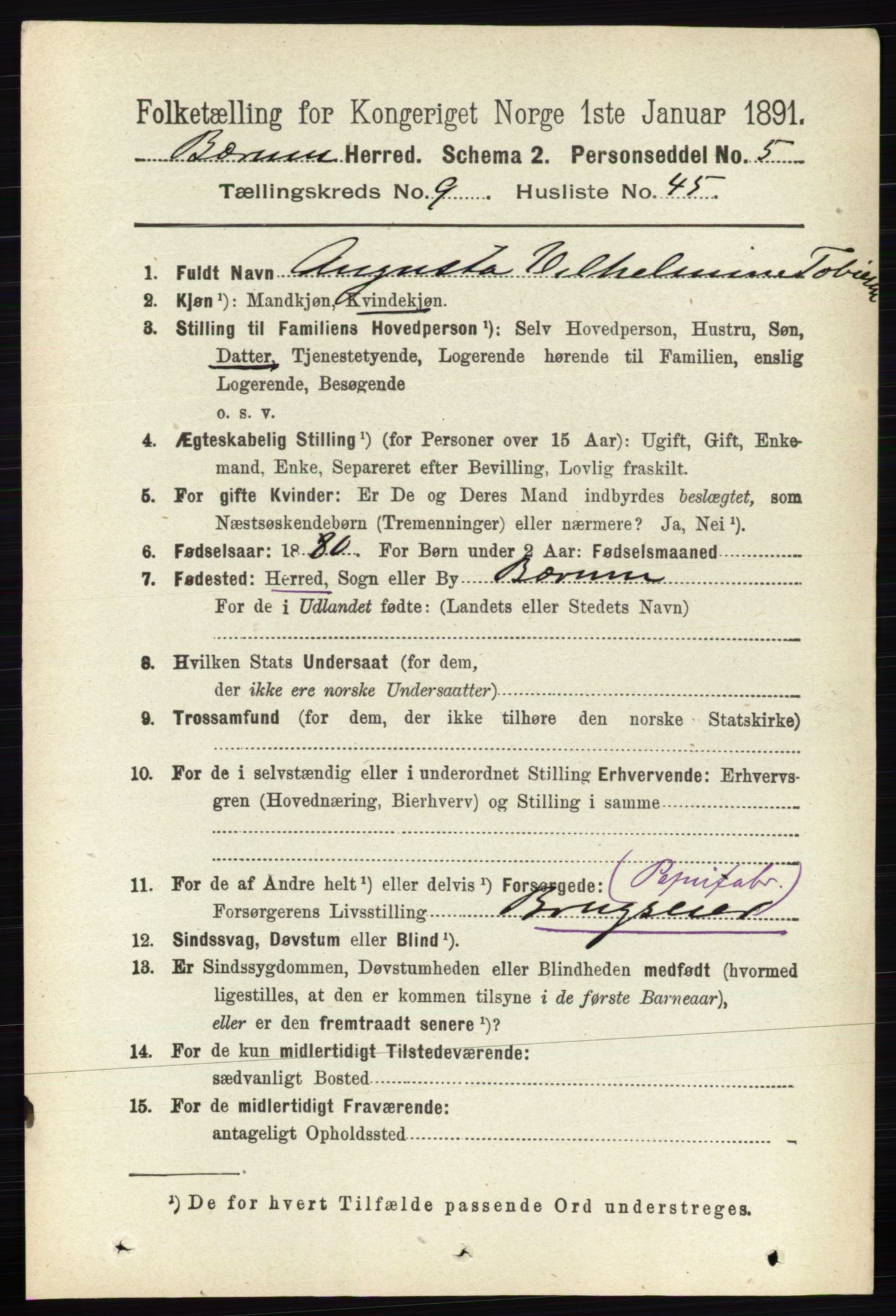 RA, 1891 census for 0219 Bærum, 1891, p. 5598
