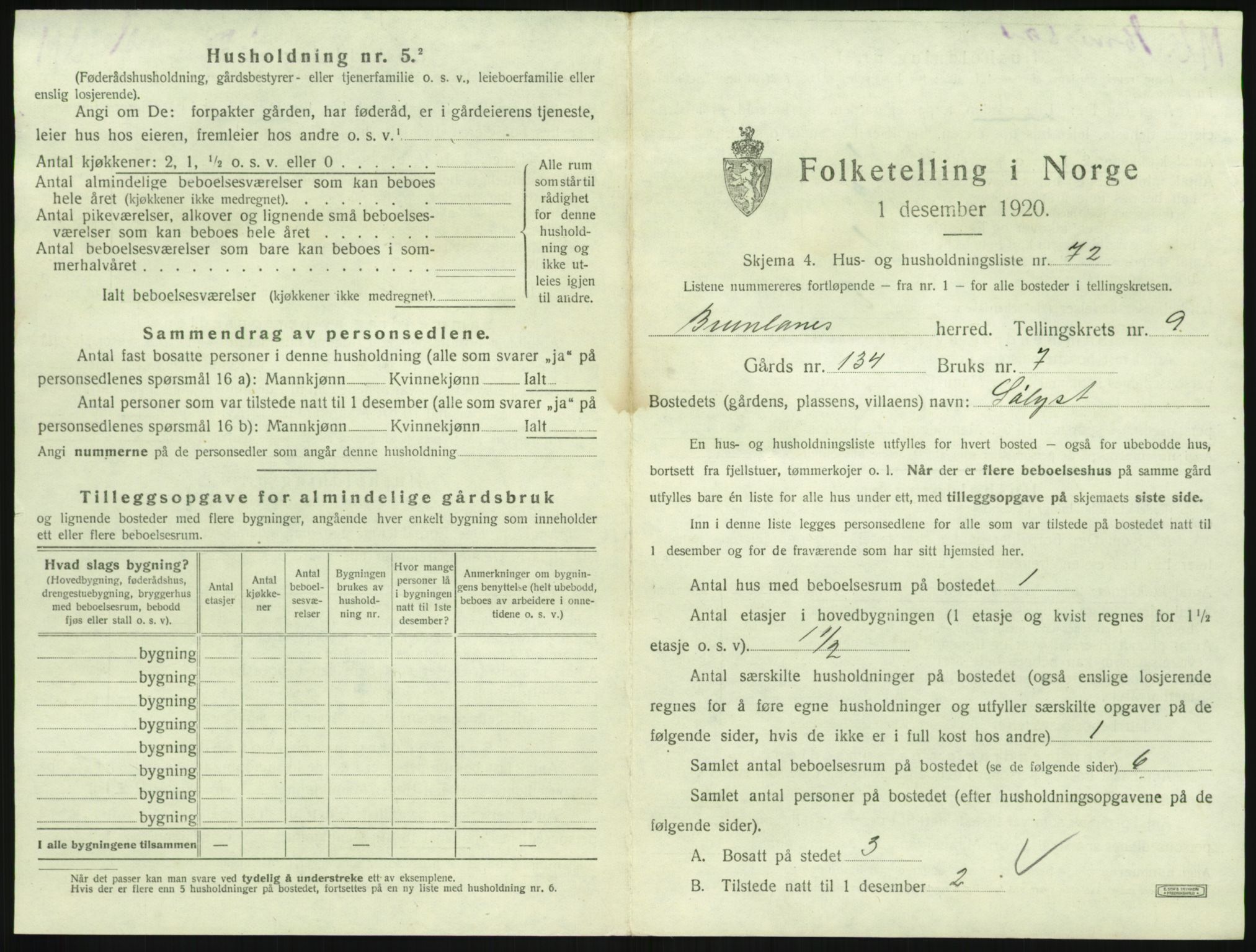 SAKO, 1920 census for Brunlanes, 1920, p. 1223