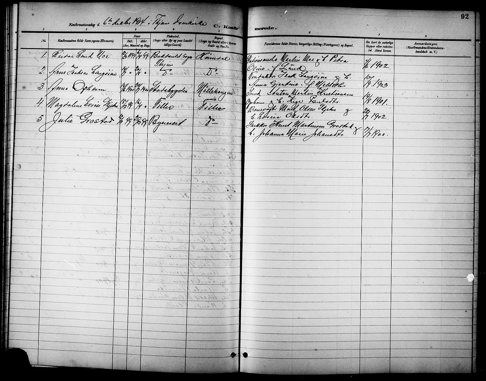 Ministerialprotokoller, klokkerbøker og fødselsregistre - Sør-Trøndelag, AV/SAT-A-1456/621/L0460: Parish register (copy) no. 621C03, 1896-1914, p. 92