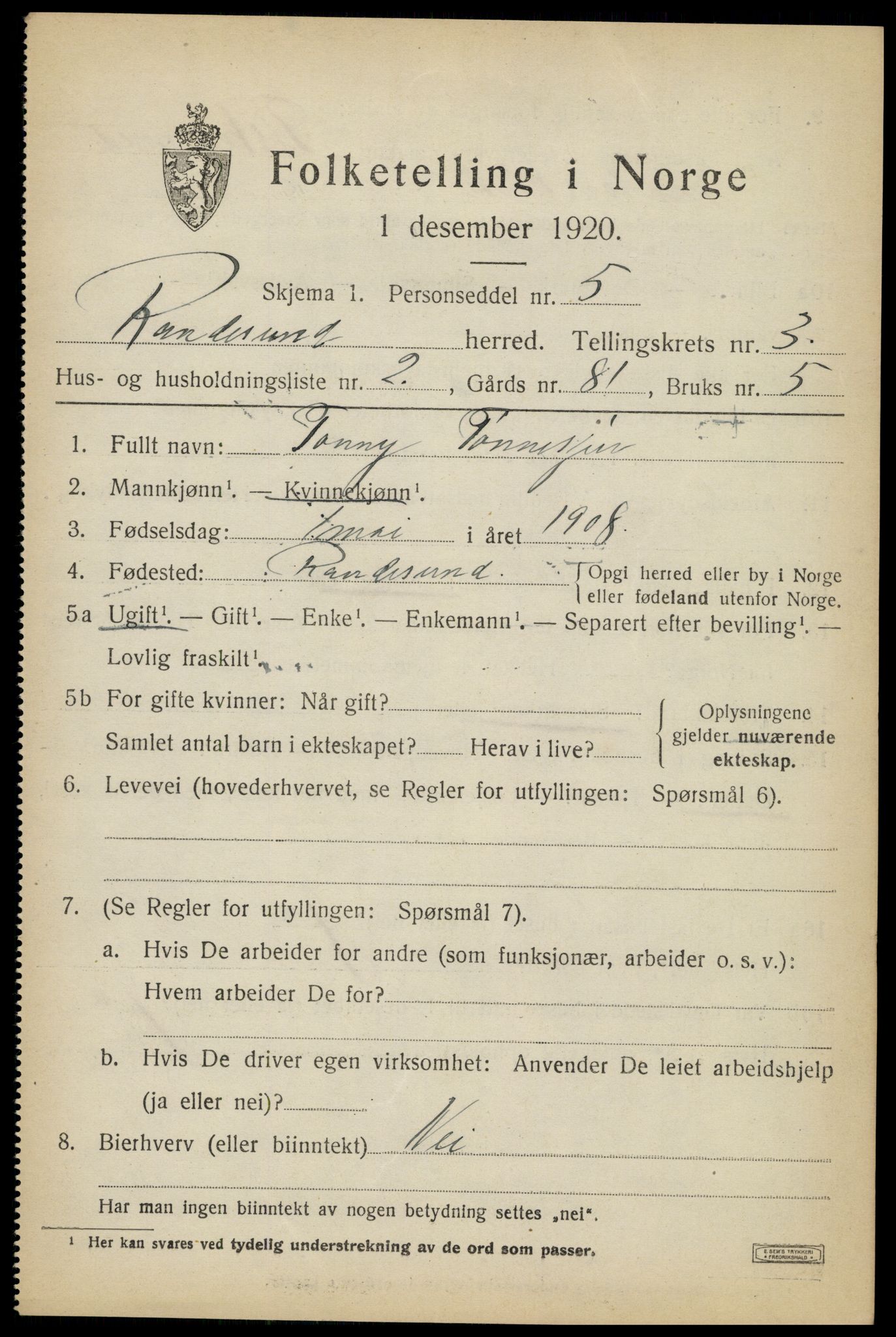 SAK, 1920 census for Randesund, 1920, p. 1474