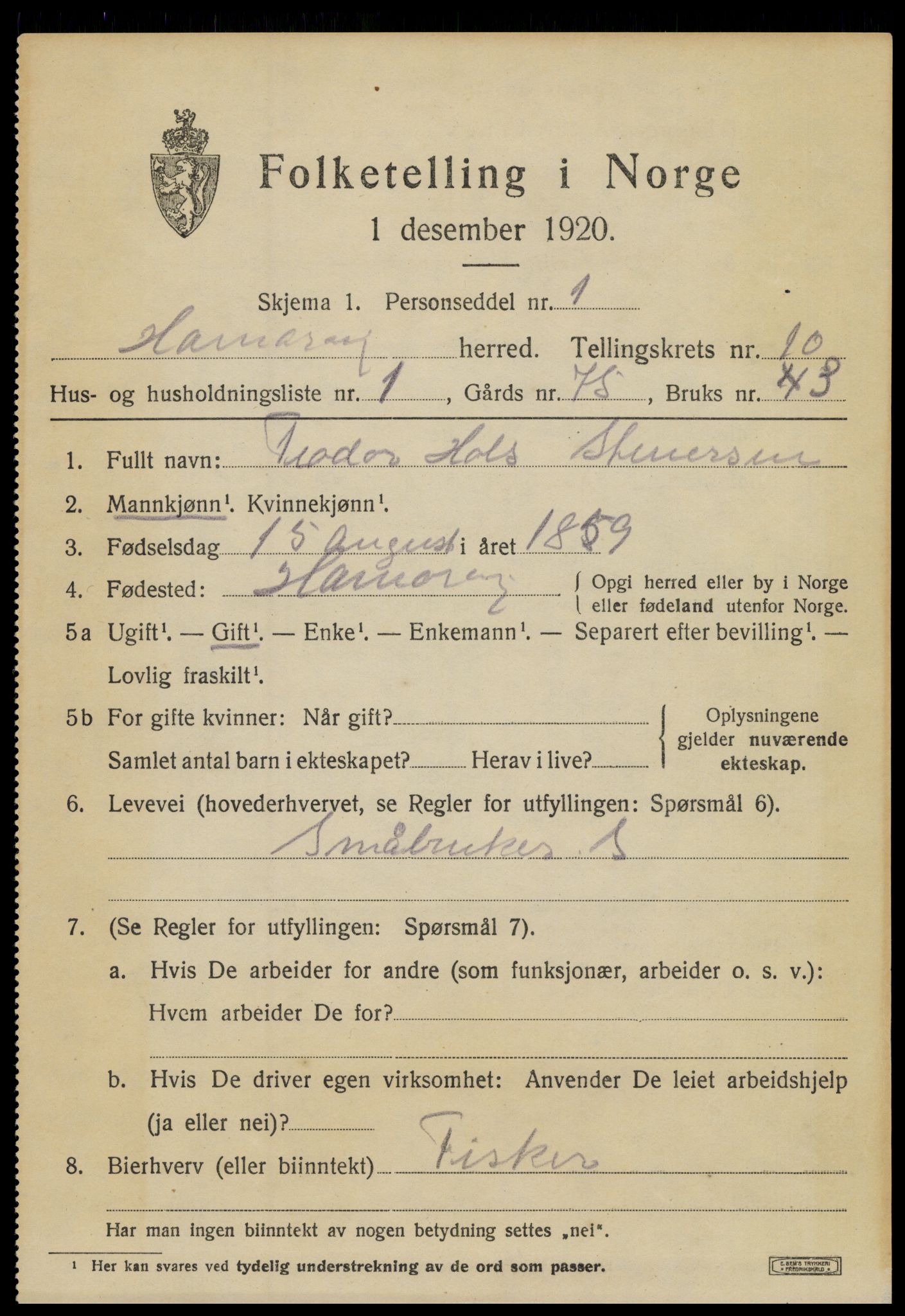 SAT, 1920 census for Hamarøy, 1920, p. 4856