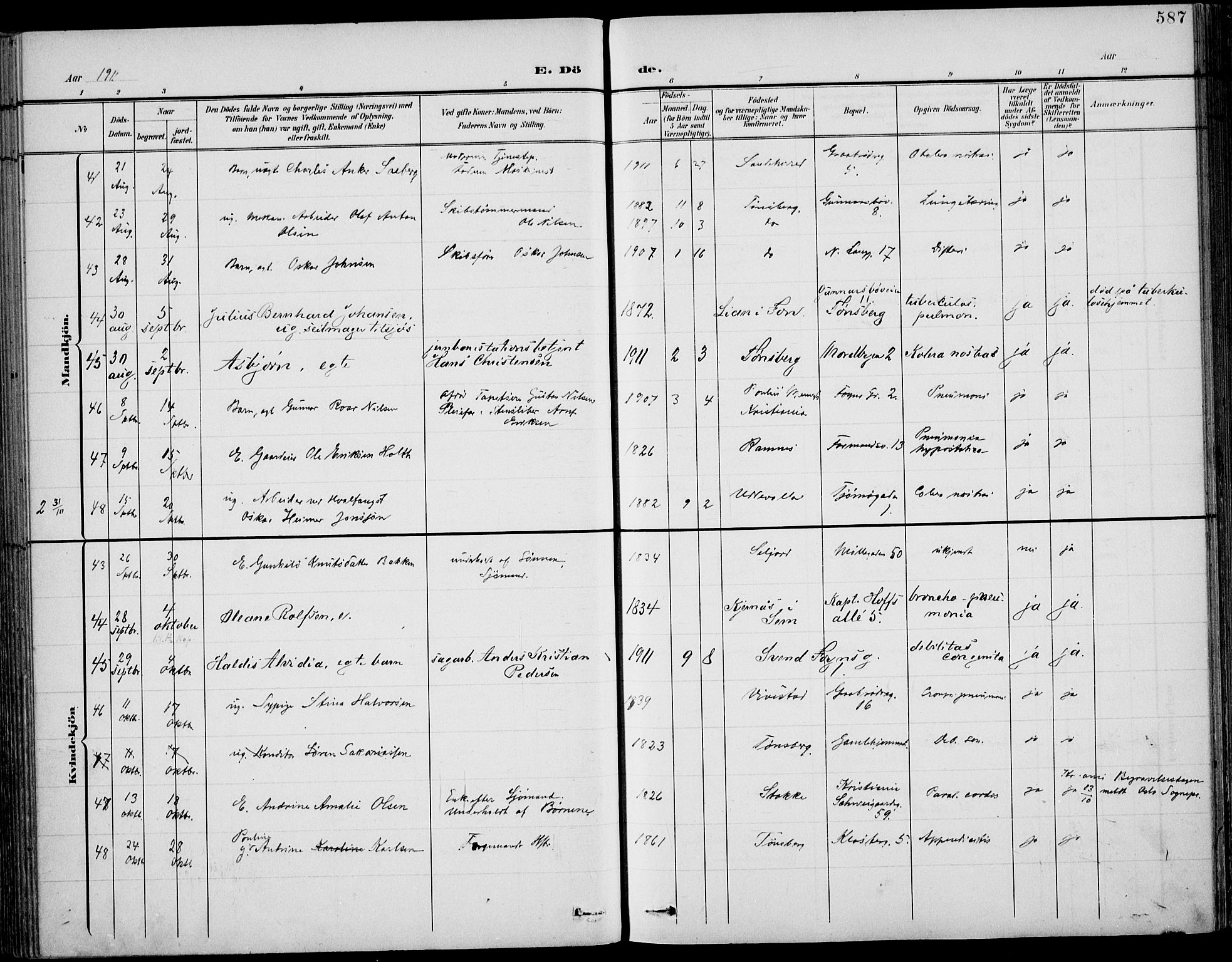Tønsberg kirkebøker, SAKO/A-330/F/Fa/L0013: Parish register (official) no. I 13, 1900-1913, p. 587