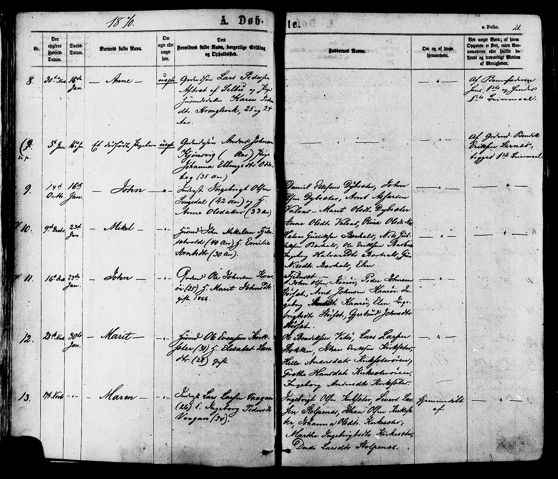 Ministerialprotokoller, klokkerbøker og fødselsregistre - Sør-Trøndelag, SAT/A-1456/630/L0495: Parish register (official) no. 630A08, 1868-1878, p. 21