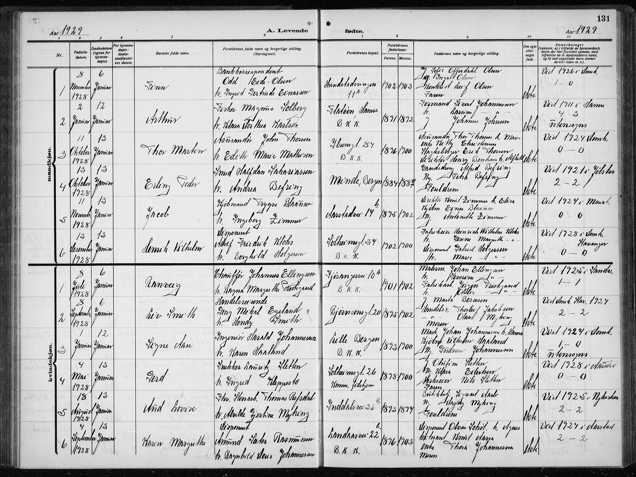 Årstad Sokneprestembete, AV/SAB-A-79301/H/Hab/L0005: Parish register (copy) no. A 5, 1924-1934, p. 131