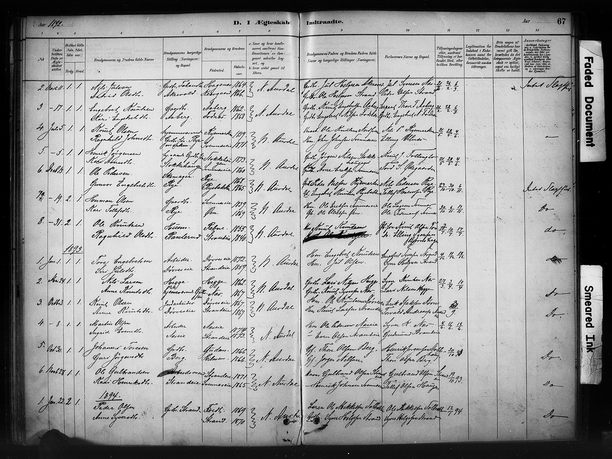 Nord-Aurdal prestekontor, SAH/PREST-132/H/Ha/Haa/L0010: Parish register (official) no. 10, 1883-1896, p. 67