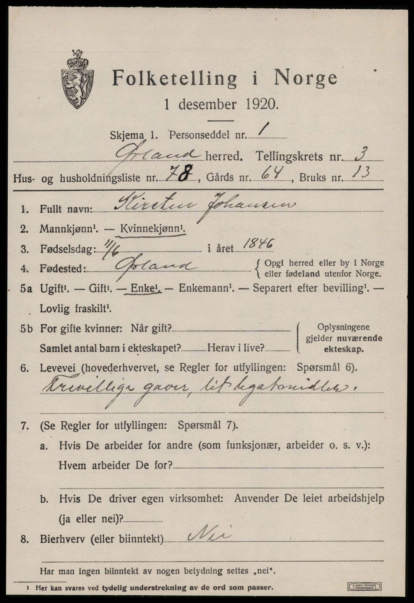 SAT, 1920 census for Ørland, 1920, p. 3389