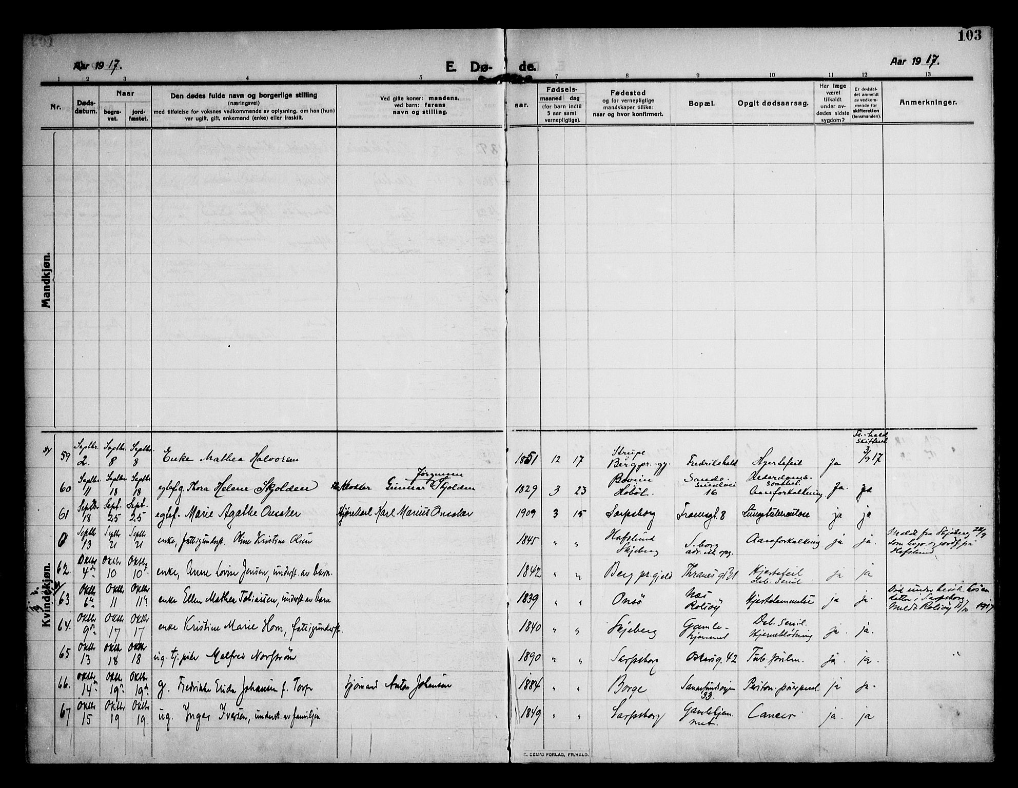 Sarpsborg prestekontor Kirkebøker, AV/SAO-A-2006/F/Fa/L0007: Parish register (official) no. 7, 1910-1918, p. 103