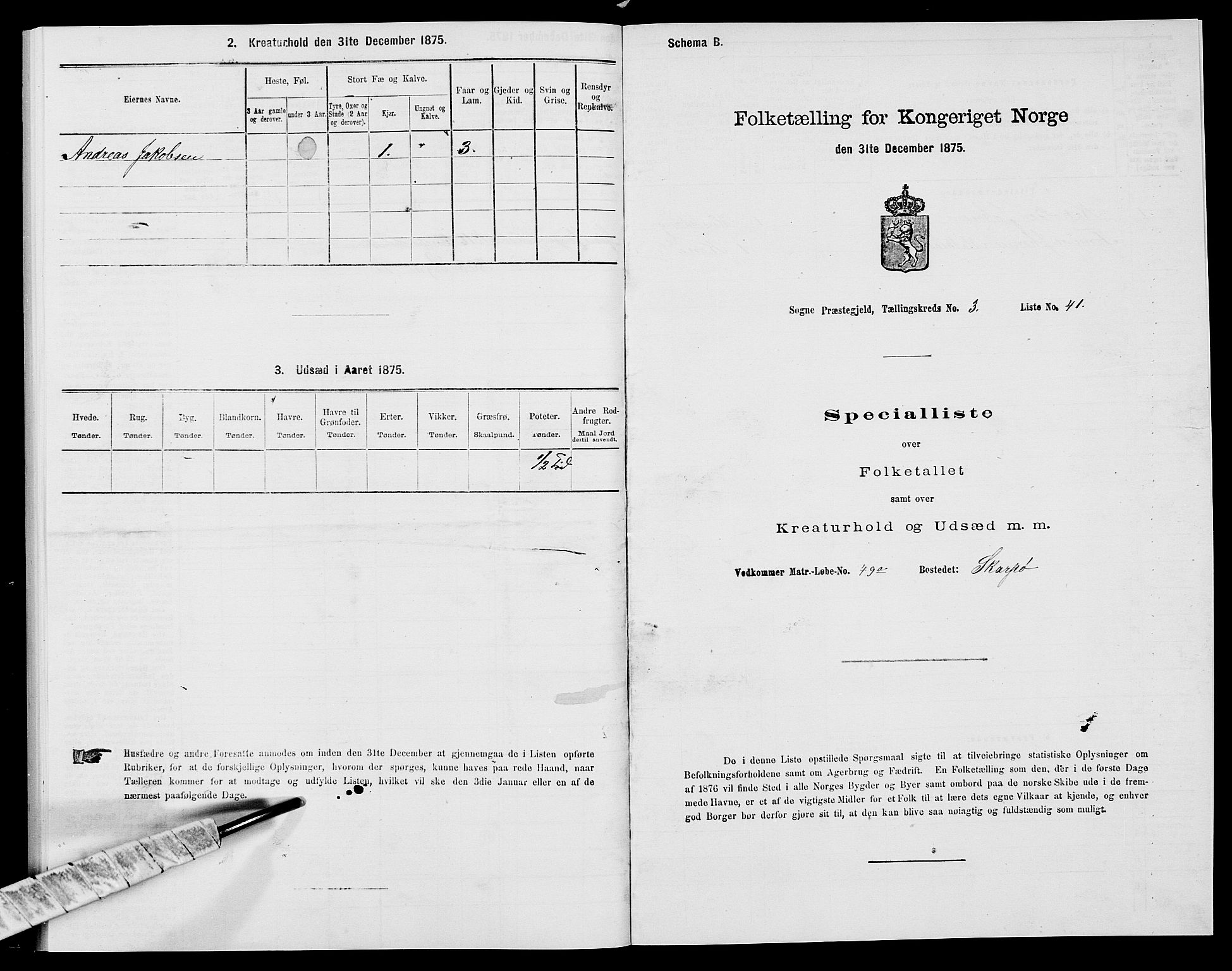 SAK, 1875 census for 1018P Søgne, 1875, p. 335