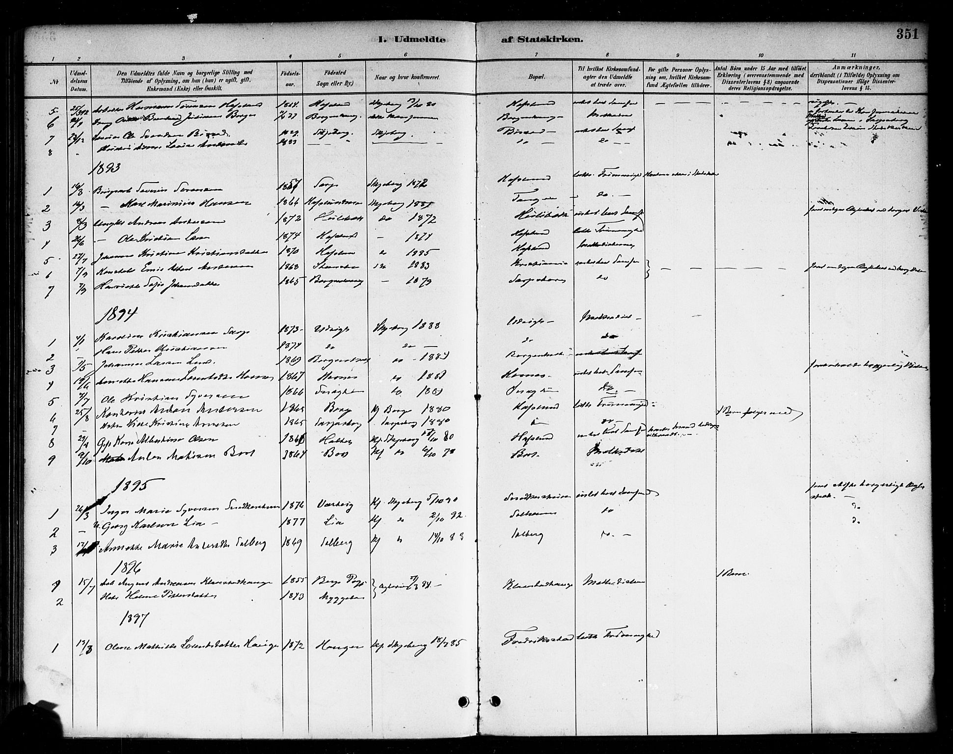 Skjeberg prestekontor Kirkebøker, AV/SAO-A-10923/F/Fa/L0009: Parish register (official) no. I 9, 1886-1897, p. 351