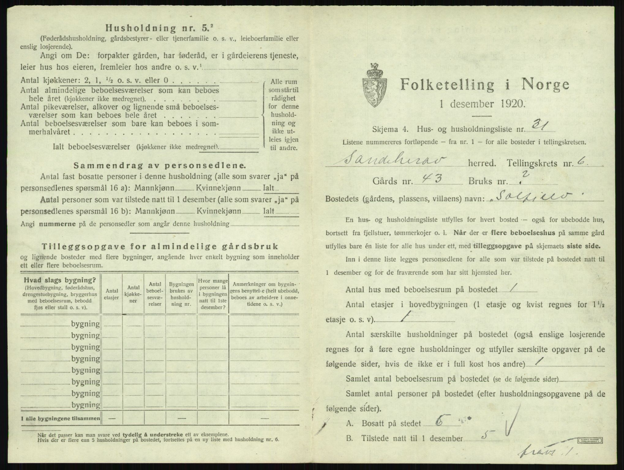 SAKO, 1920 census for Sandeherred, 1920, p. 1174